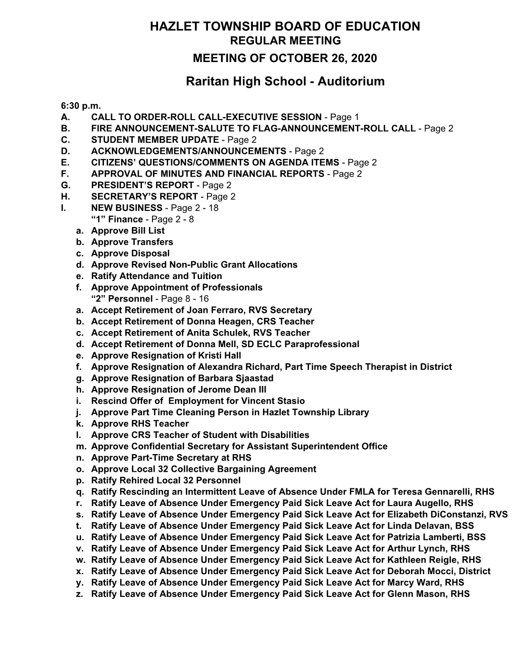 HAZLET TOWNSHIP BOARD of EDUCATION Raritan High School