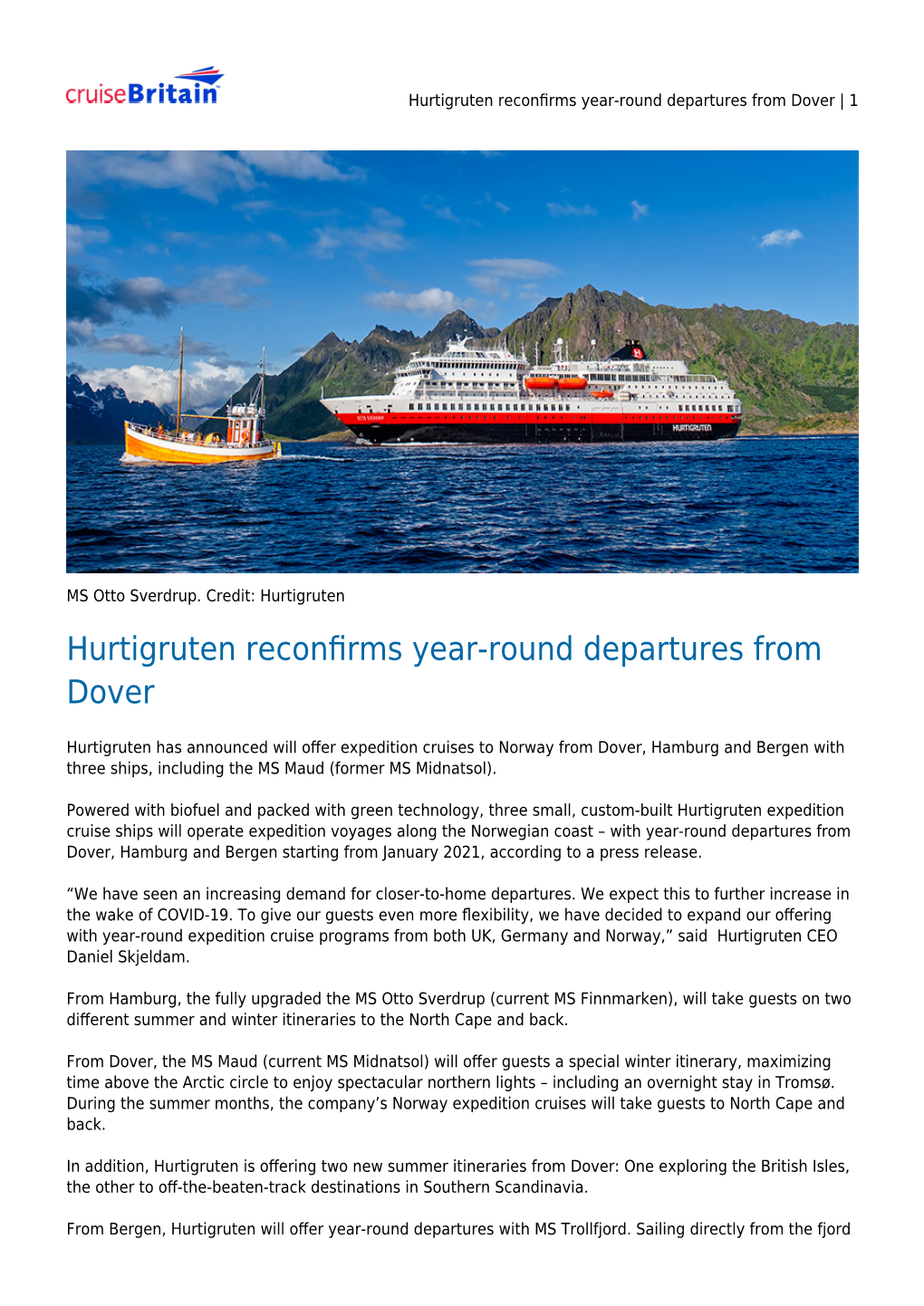 Hurtigruten Reconfirms Year-Round Departures from Dover