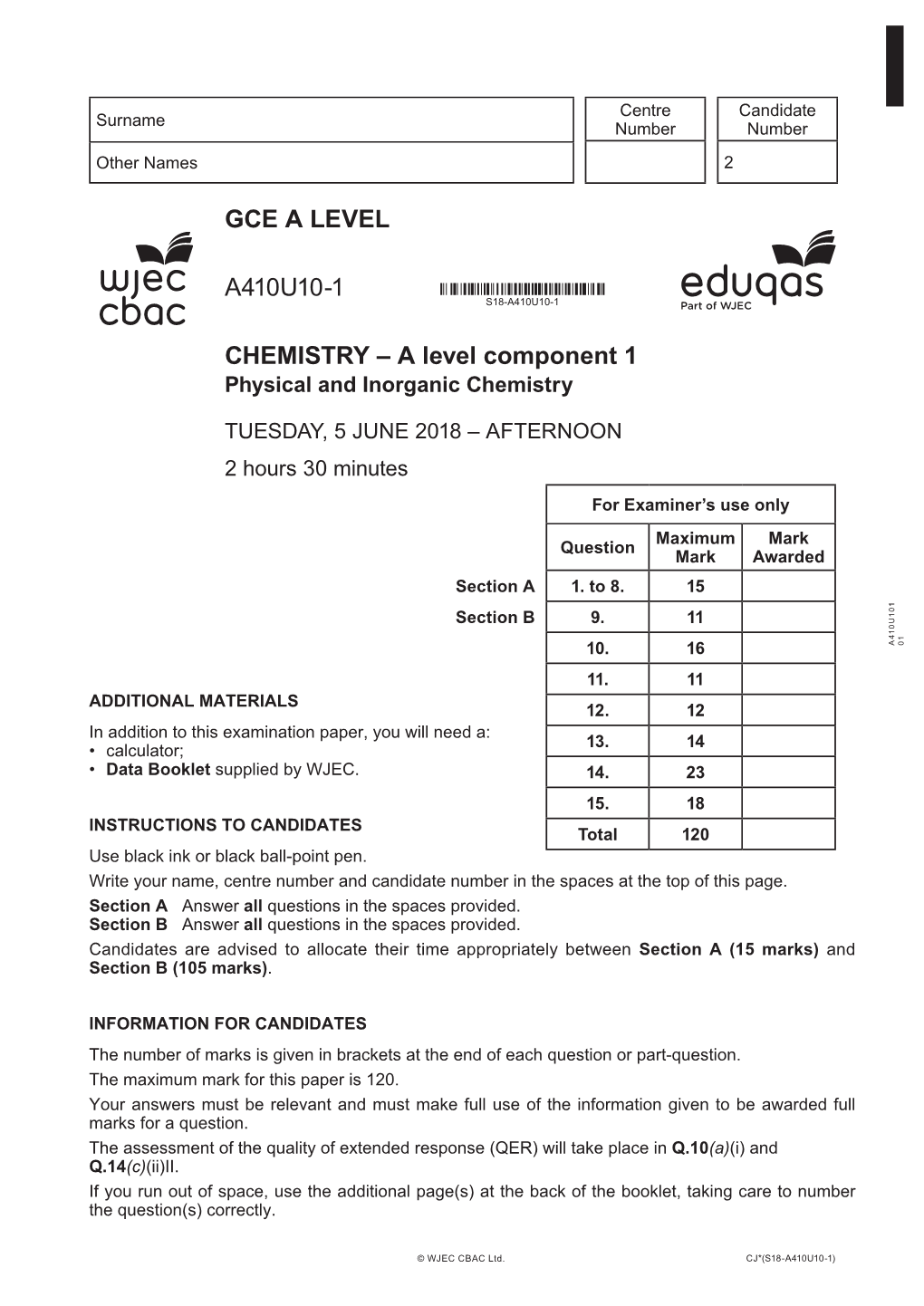Gce a Level A410u10-1 Chemistry