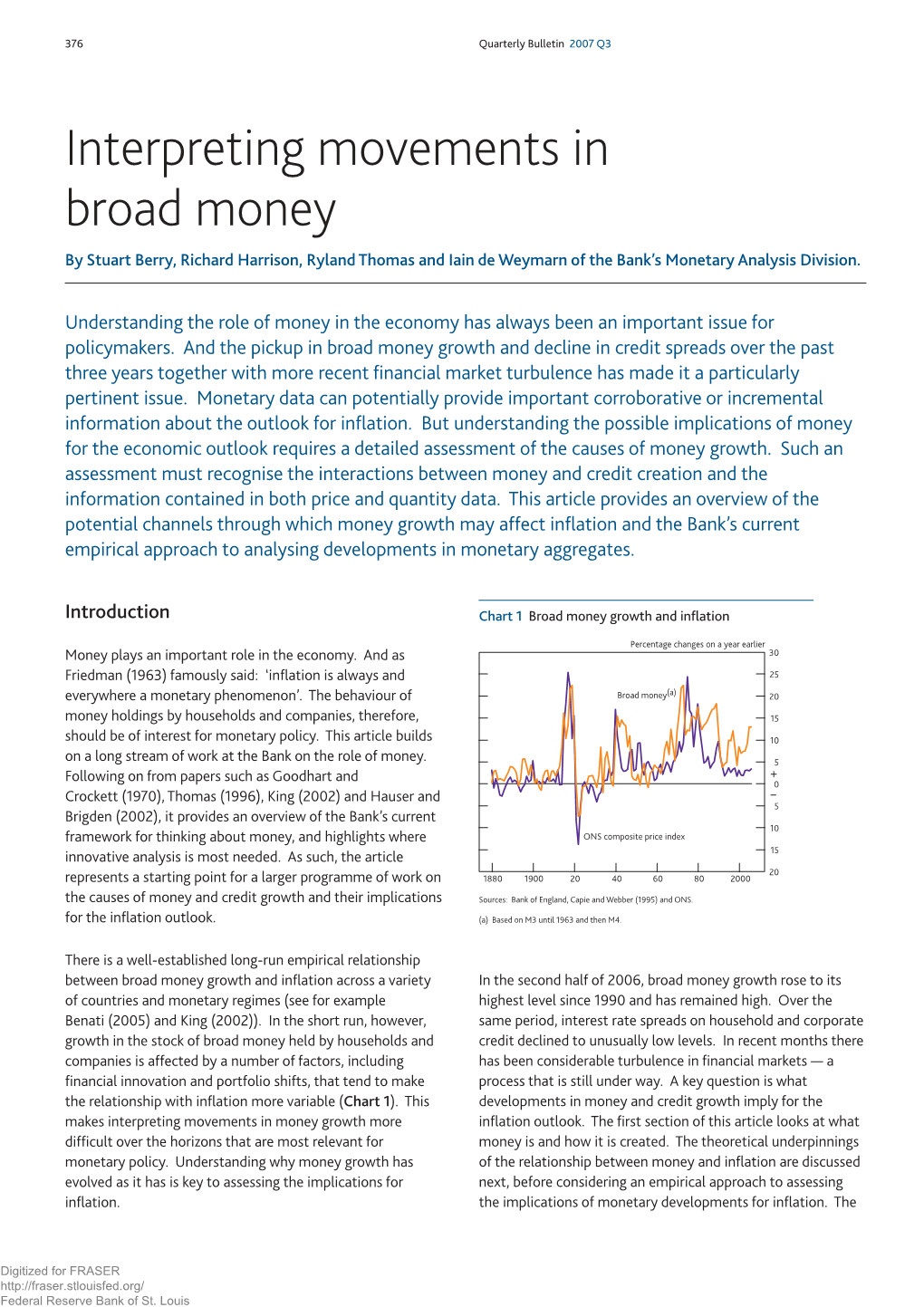 Interpreting Movements in Broad Money by Stuart Berry, Richard Harrison, Ryland Thomas and Iain De Weymarn of the Bank’S Monetary Analysis Division