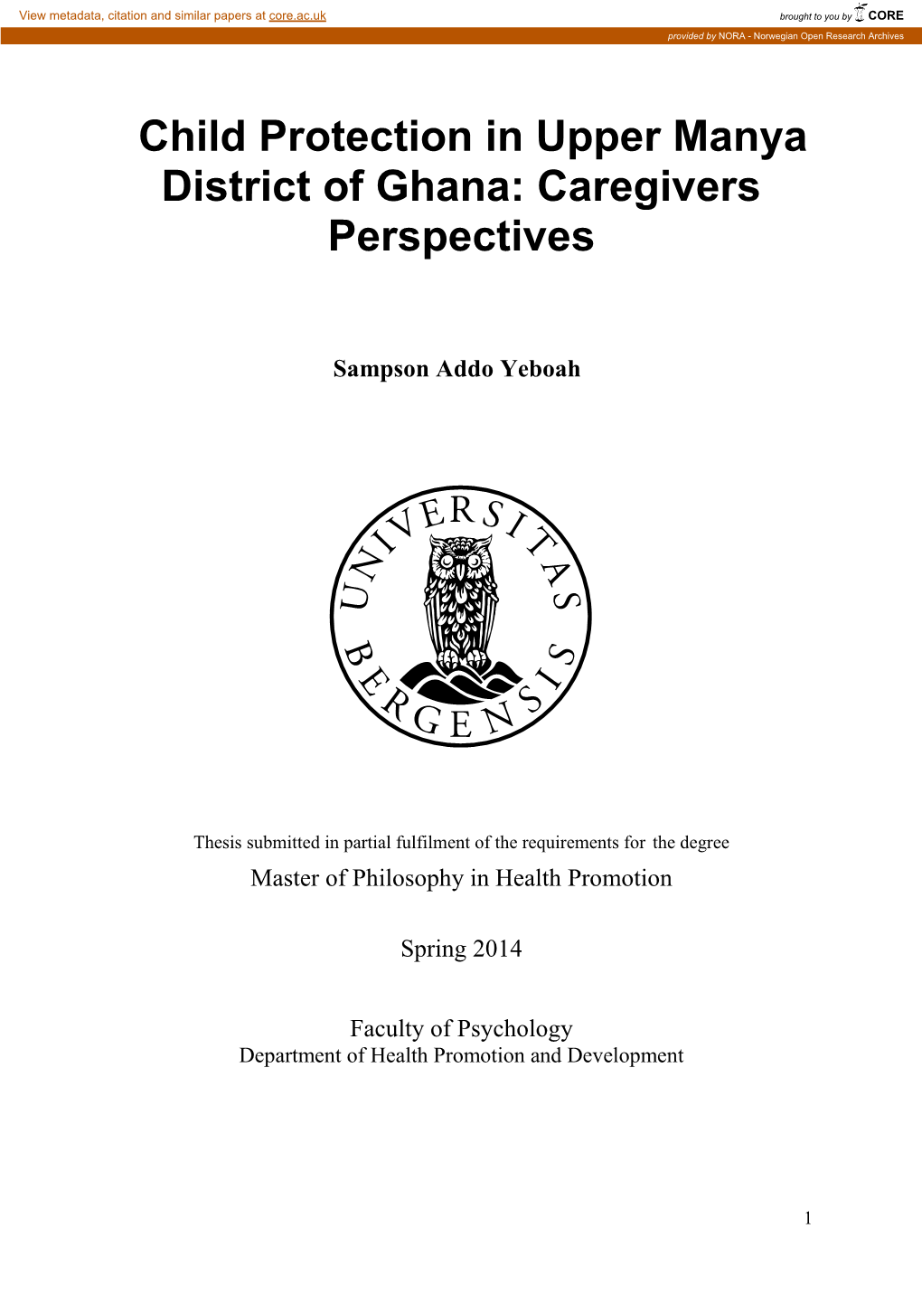 Child Protection in Upper Manya District of Ghana: Caregivers Perspectives