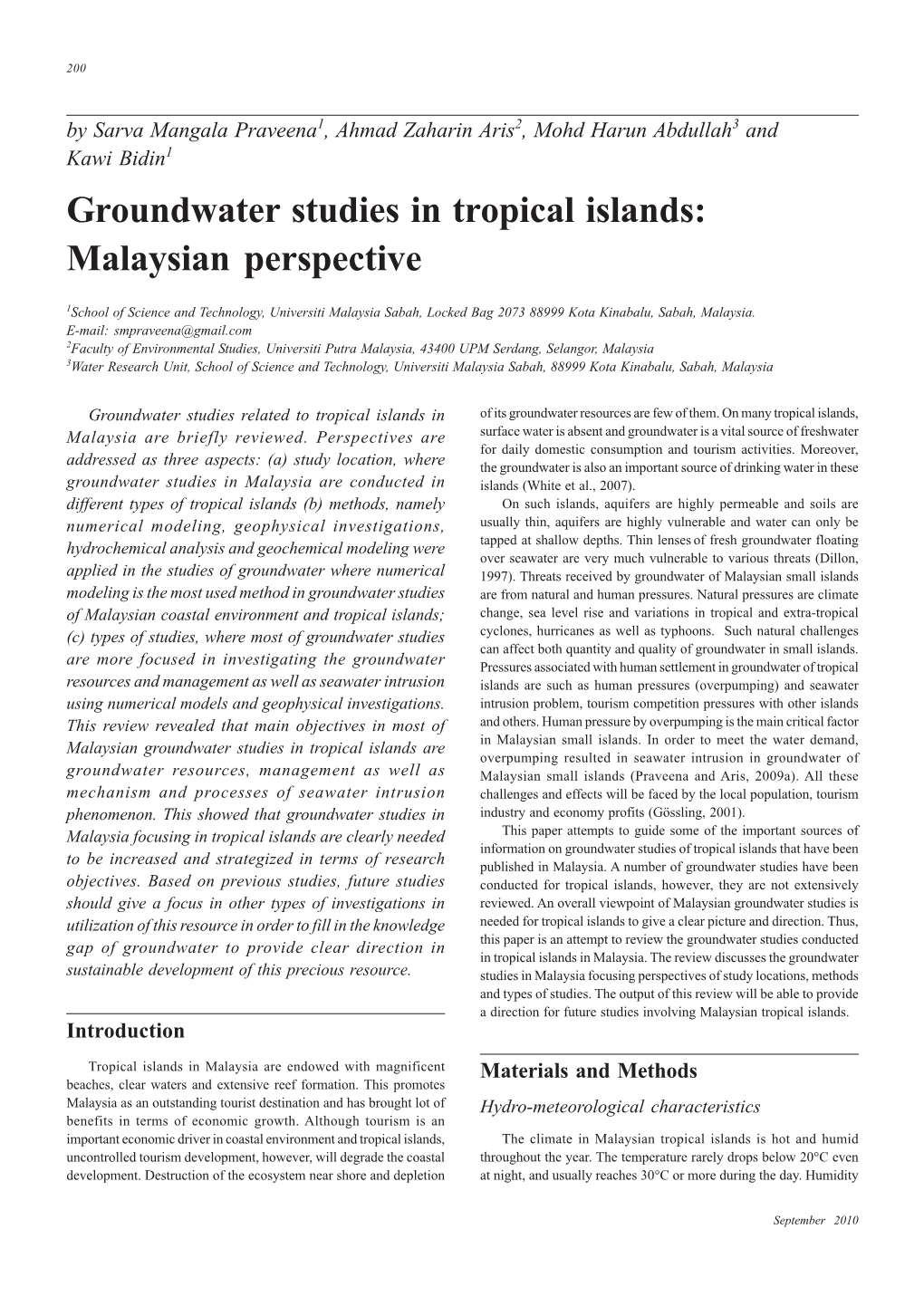 Groundwater Studies in Tropical Islands: Malaysian Perspective