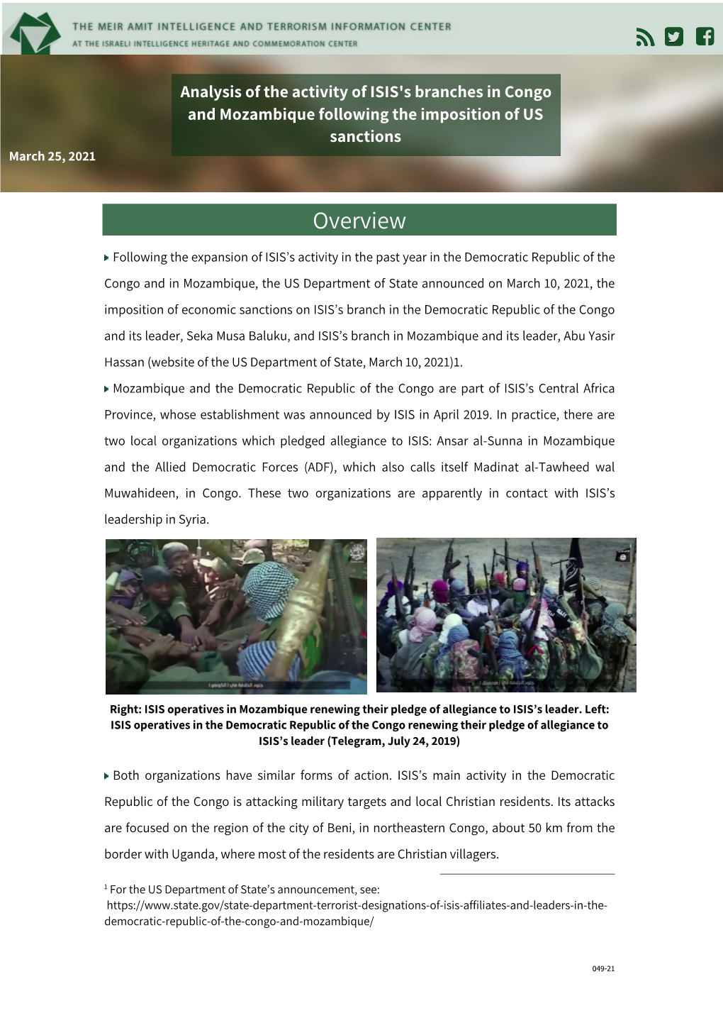 Analysis of the Activity of ISIS's Branches in Congo and Mozambique Following the Imposition of US Sanctions March 25, 2021