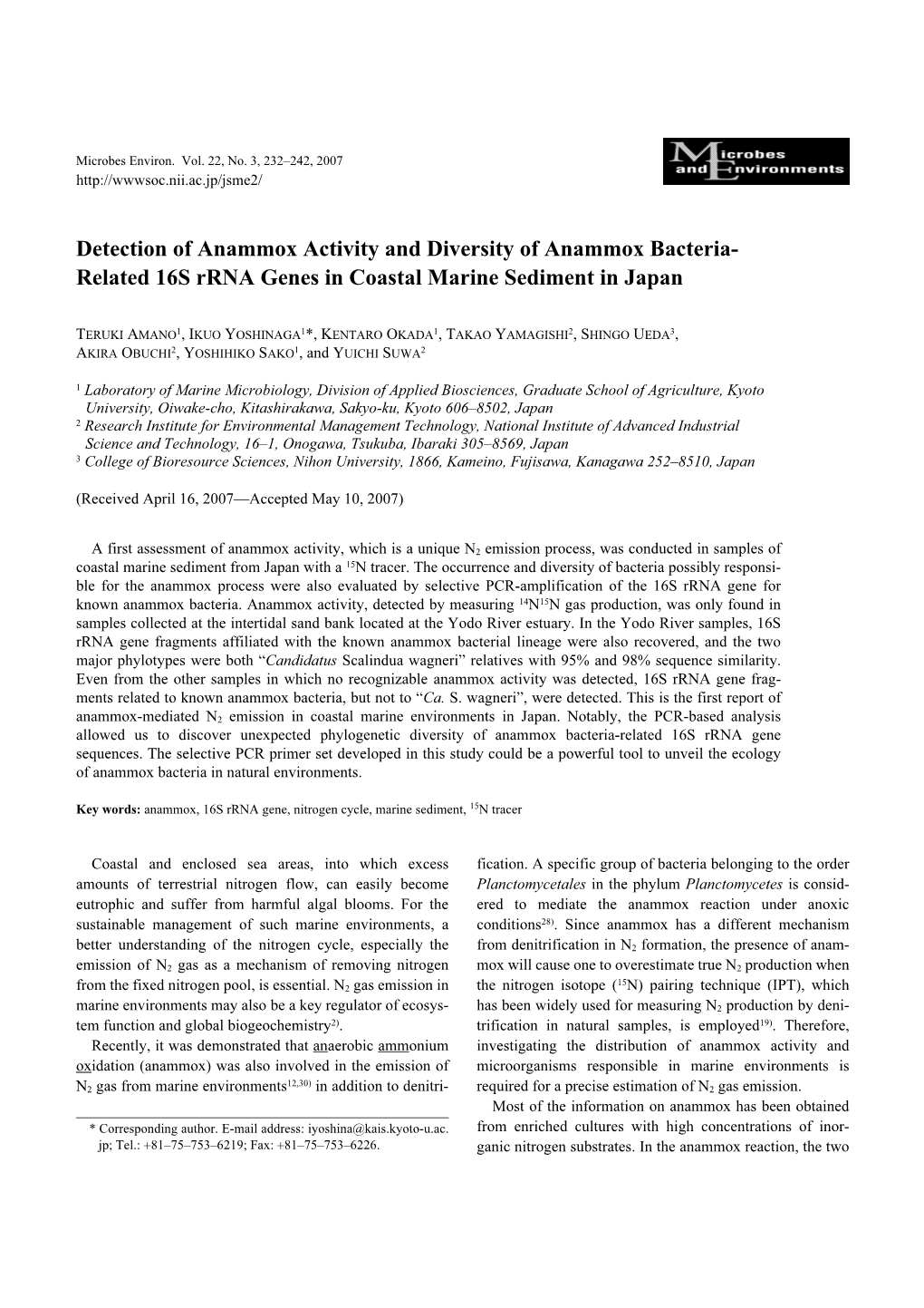 Detection of Anammox Activity and Diversity of Anammox Bacteria- Related 16S Rrna Genes in Coastal Marine Sediment in Japan
