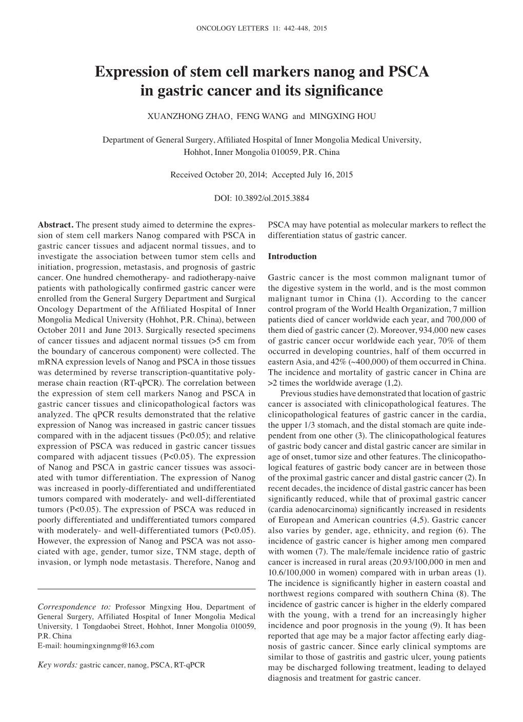 Expression of Stem Cell Markers Nanog and PSCA in Gastric Cancer and Its Significance