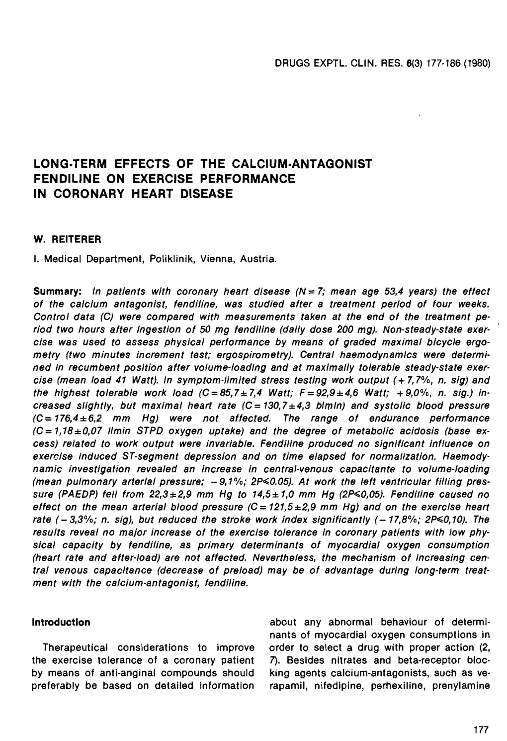 Long·Term Effects of the Calcium·Antagonist Fendiline on Exercise Performance in Coronary Heart Disease