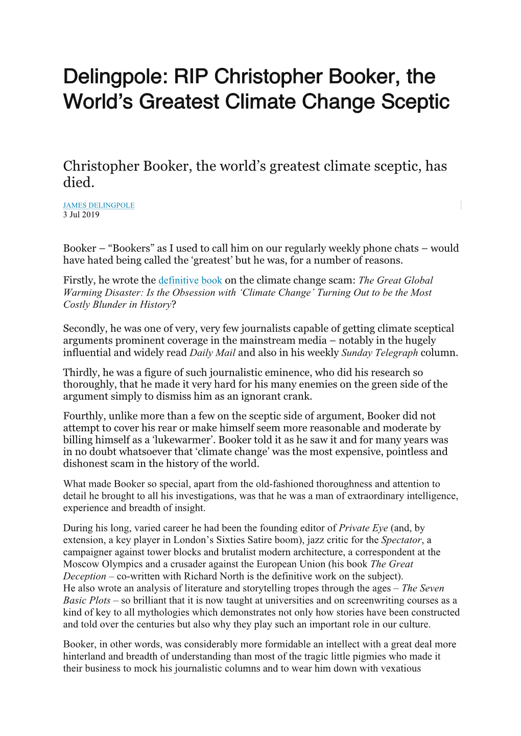 Delingpole: RIP Christopher Booker, the World's Greatest Climate Change Sceptic