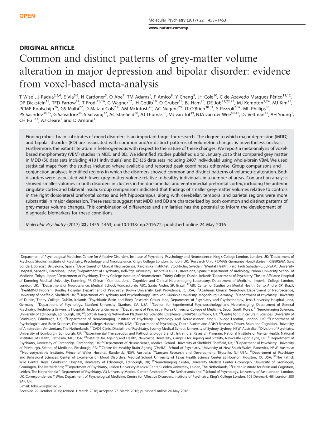 Common and Distinct Patterns of Grey-Matter Volume Alteration in Major Depression and Bipolar Disorder: Evidence from Voxel-Based Meta-Analysis