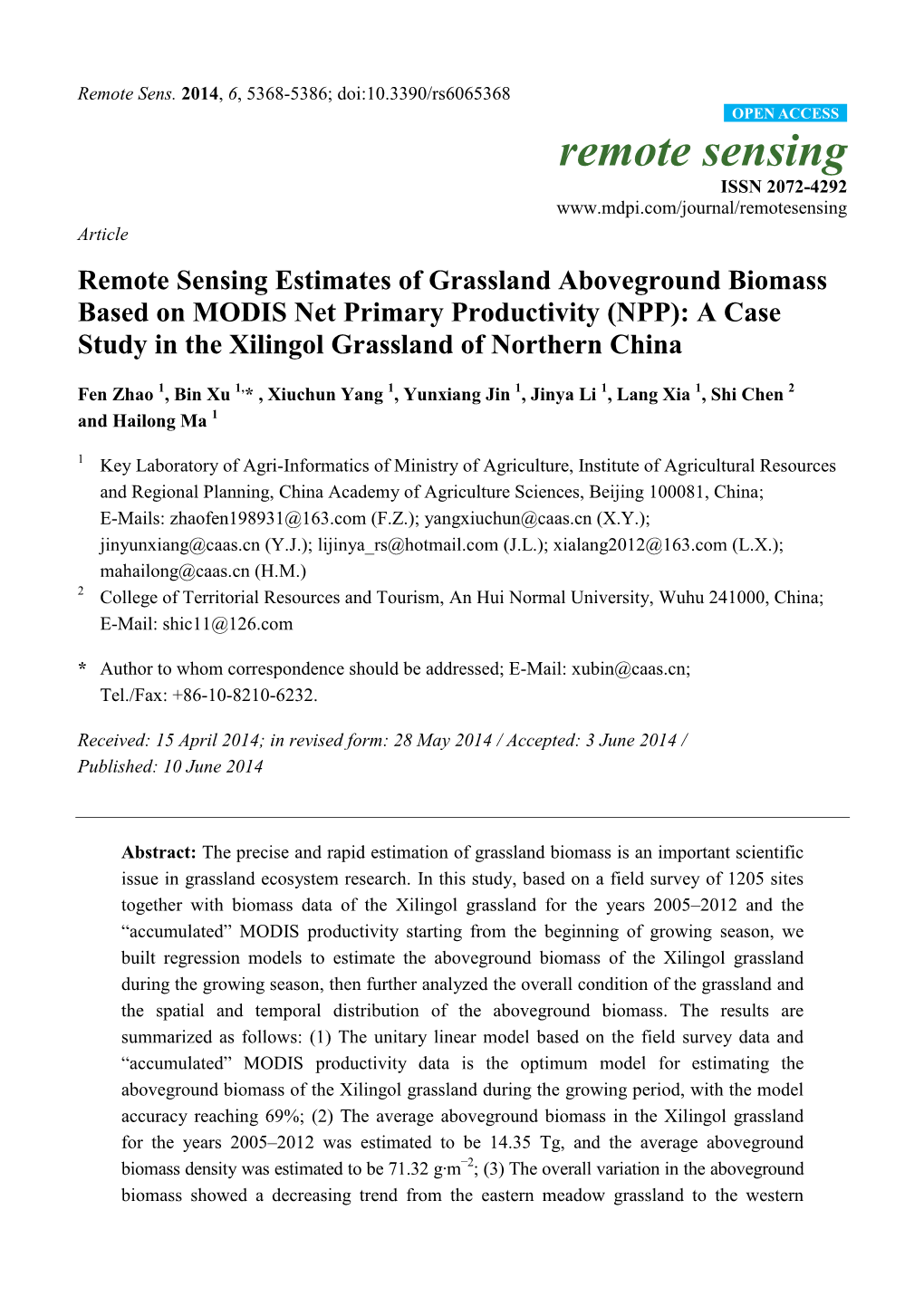 Remote Sensing Estimates of Grassland Aboveground Biomass Based on MODIS Net Primary Productivity (NPP): a Case Study in the Xilingol Grassland of Northern China