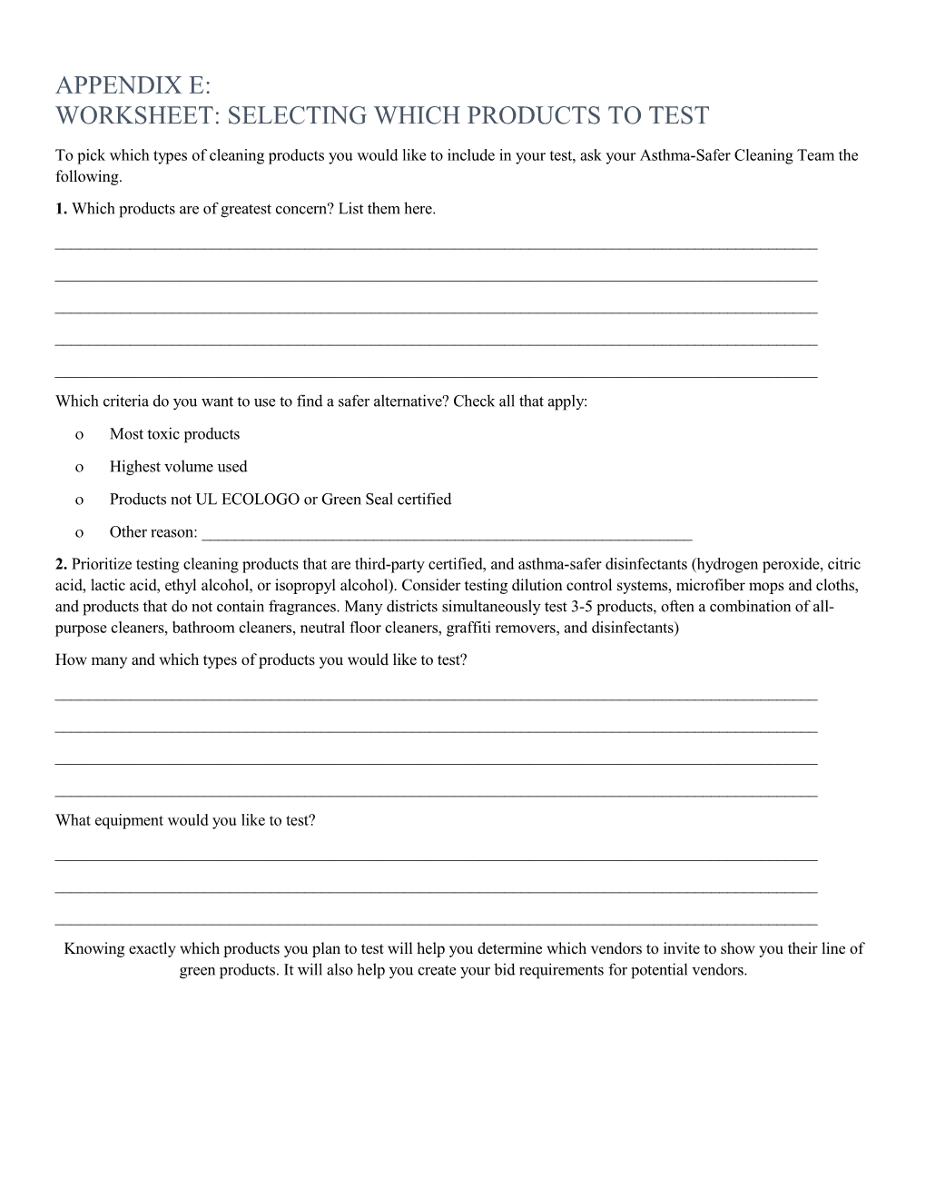 Worksheet Selecting Which Products to Test (Appendix E, Healthy Cleaning & Asthma-Safer