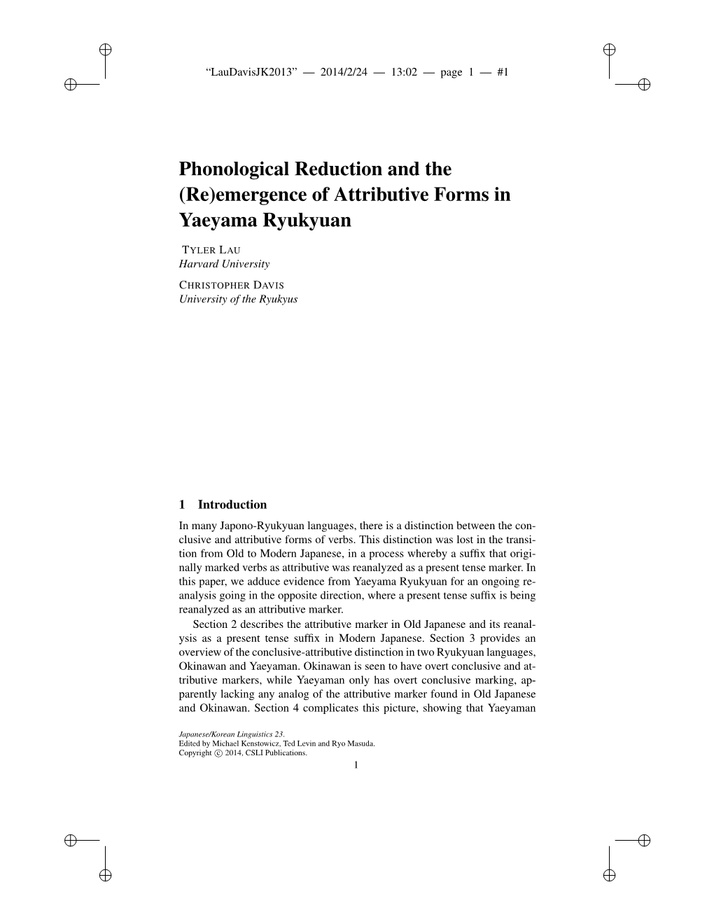 Phonological Reduction and the (Re)Emergence of Attributive Forms in Yaeyama Ryukyuan