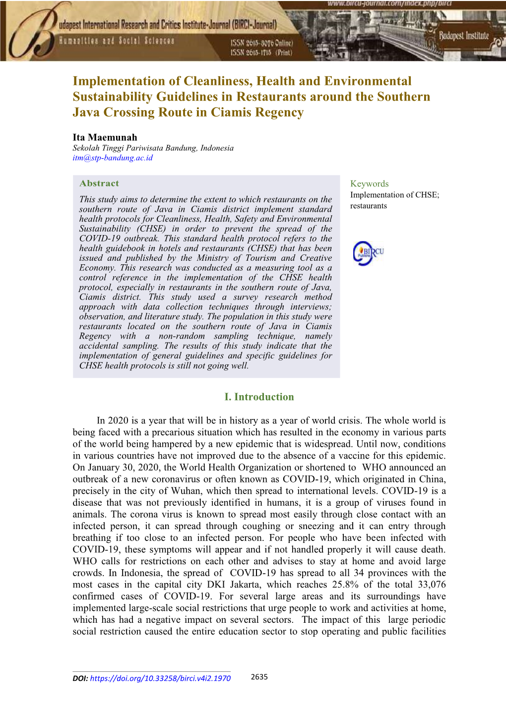 Implementation of Cleanliness, Health and Environmental Sustainability Guidelines in Restaurants Around the Southern Java Crossing Route in Ciamis Regency