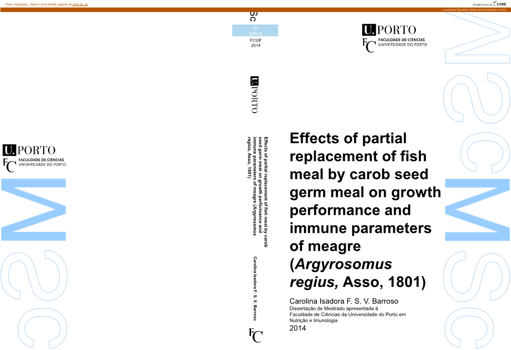 Effects of Partial Replacement of Fish Meal by Carob Seed Germ Meal on Growth Performance and Immune Parameters of Meagre (Argyrosomus Regius, Asso, 1801)