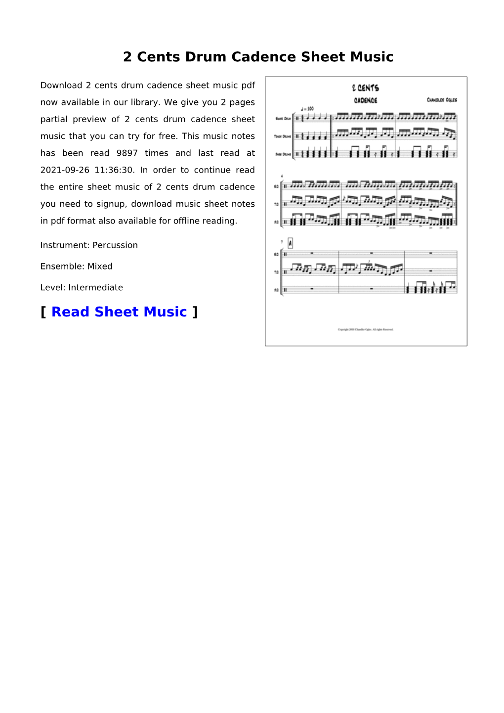 2 Cents Drum Cadence Sheet Music