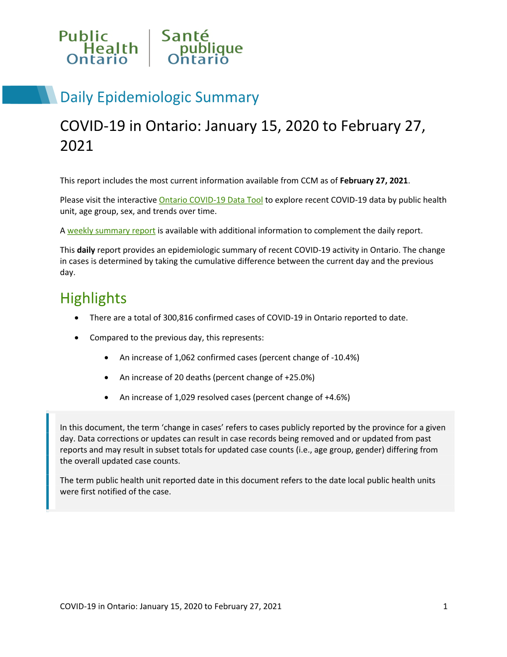 COVID-19 in Ontario: January 15, 2020 to February 27, 2021