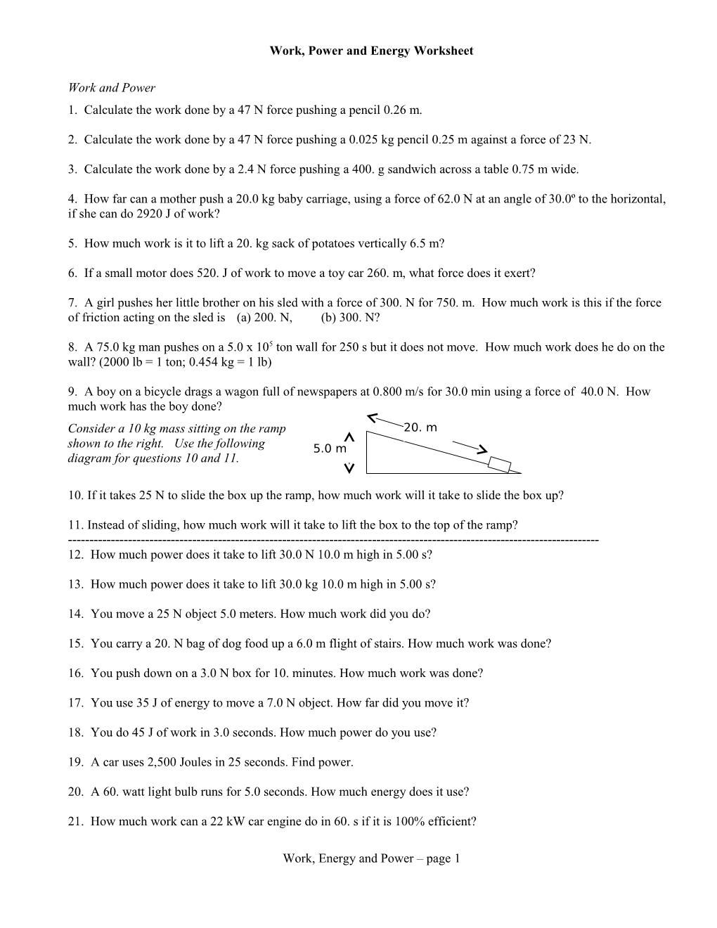 Work, Power And Energy Worksheet