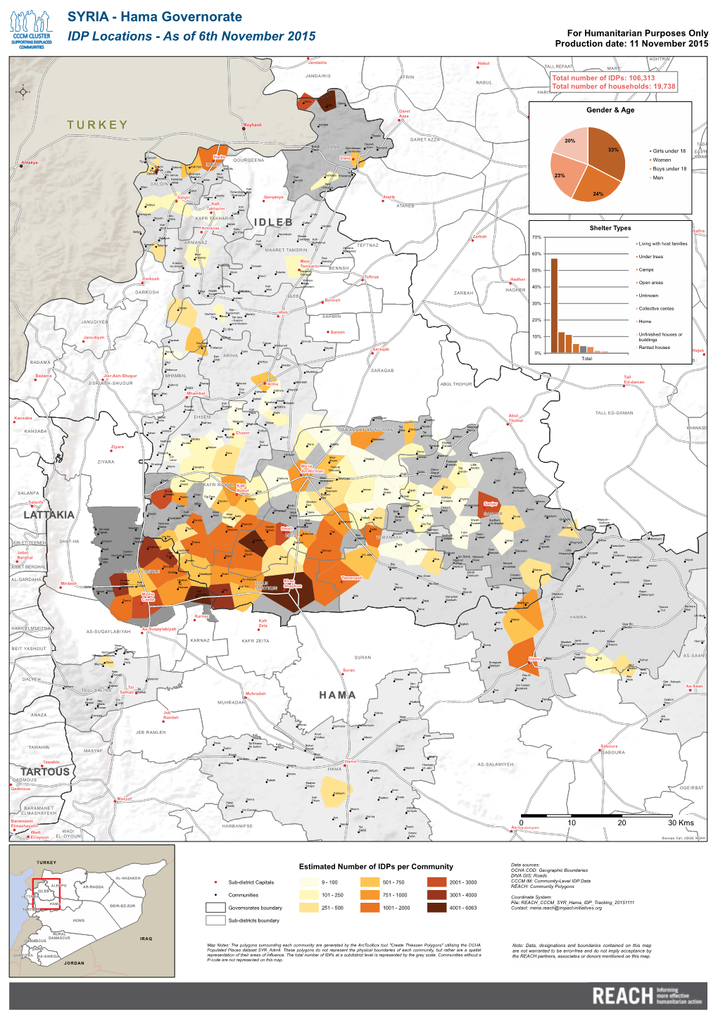 SYRIA - Hama Governorate IDP Locations - As of 6Th November 2015 for Humanitarian Purposes Only Production Date: 11 November 2015