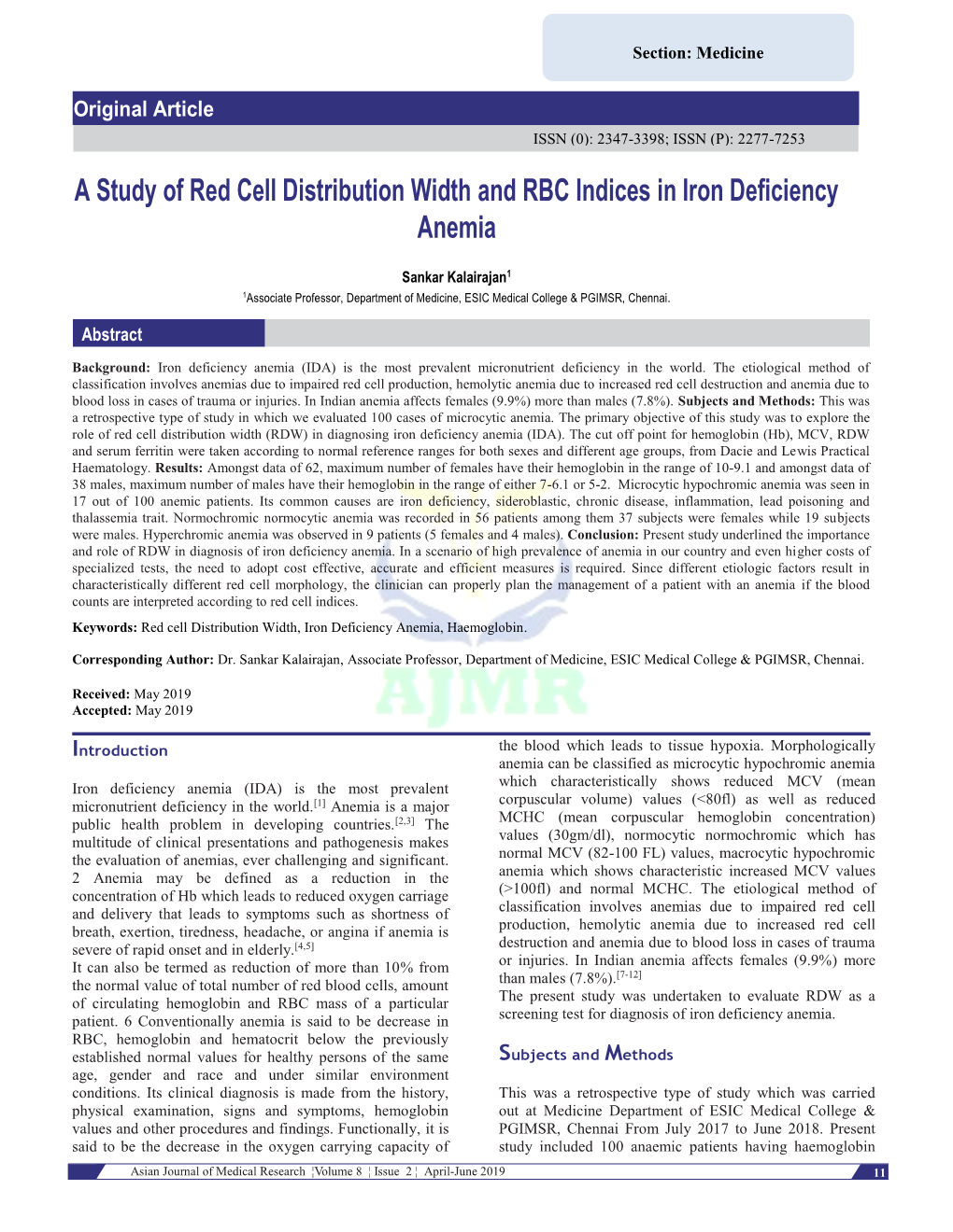A Study of Red Cell Distribution Width and RBC Indices in Iron Deficiency Anemia