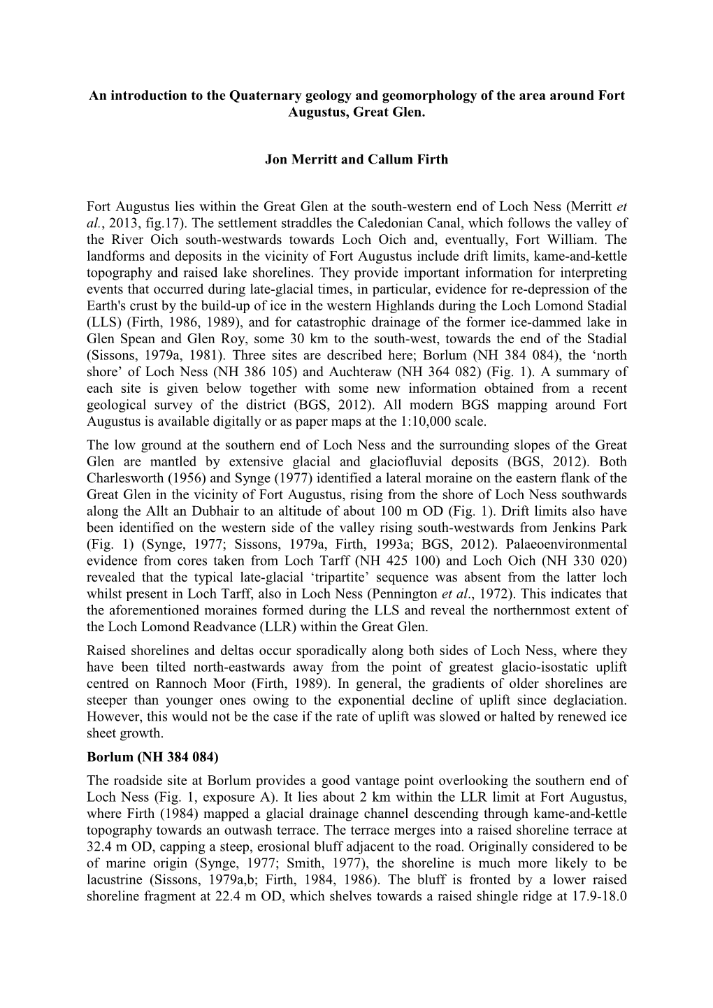 An Introduction to the Quaternary Geology and Geomorphology of the Area Around Fort Augustus, Great Glen