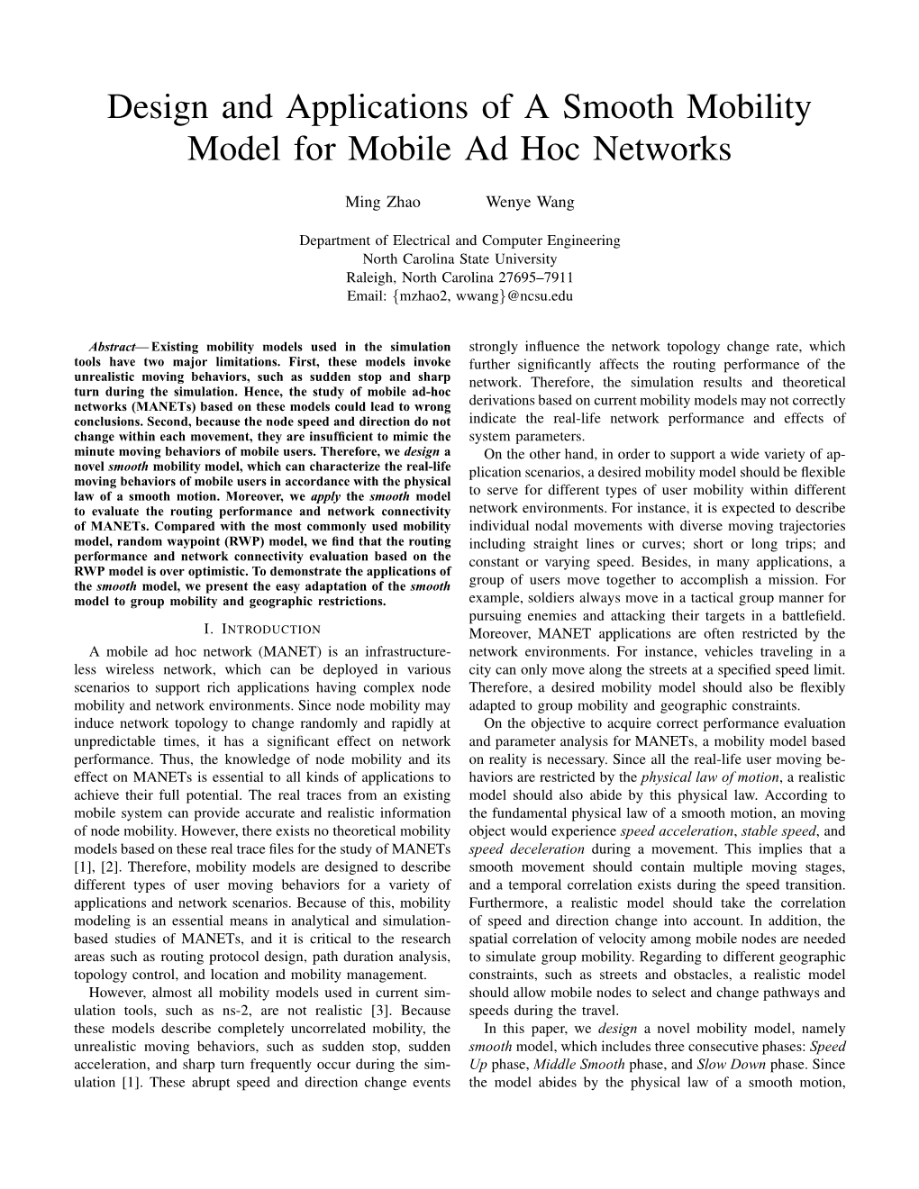 Design and Applications of a Smooth Mobility Model for Mobile Ad Hoc Networks