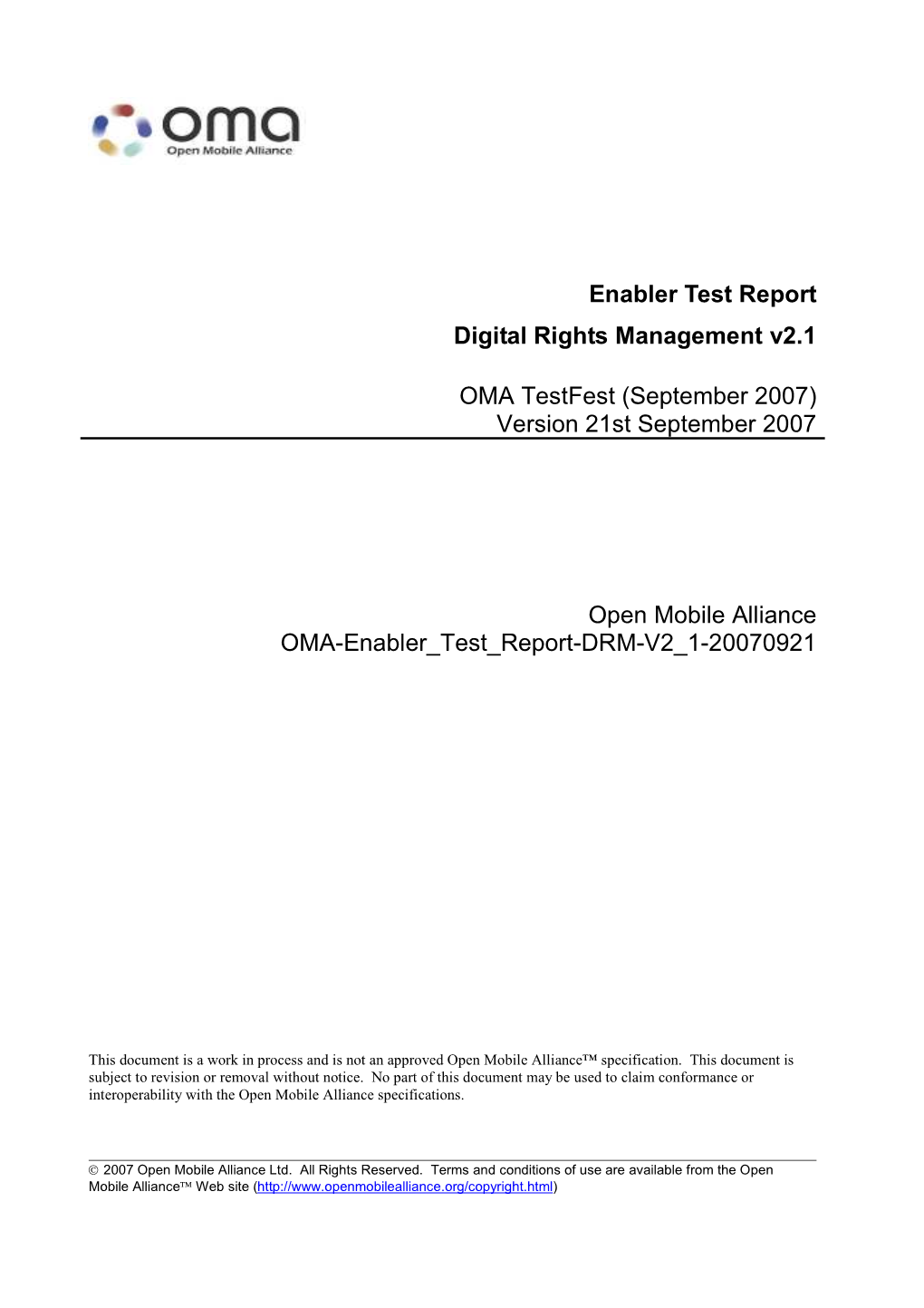 Enabler Test Report Digital Rights Management V2.1 OMA Testfest