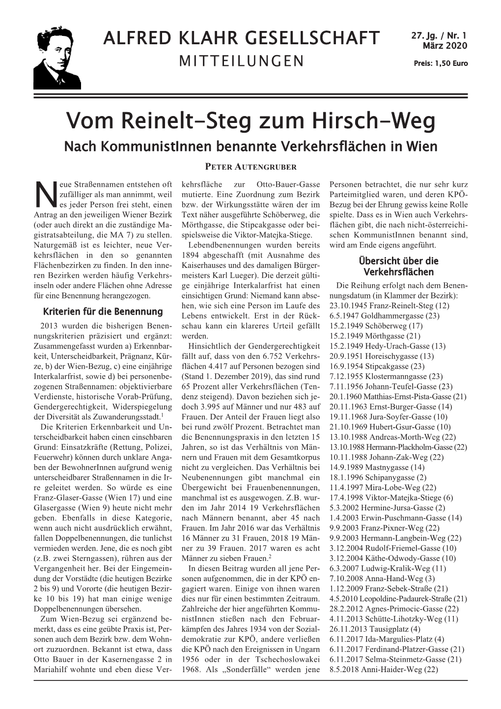 Mitteilungen Der Alfred Klahr Gesellschaft, Nr. 1/2020, Als Pdf-Datei