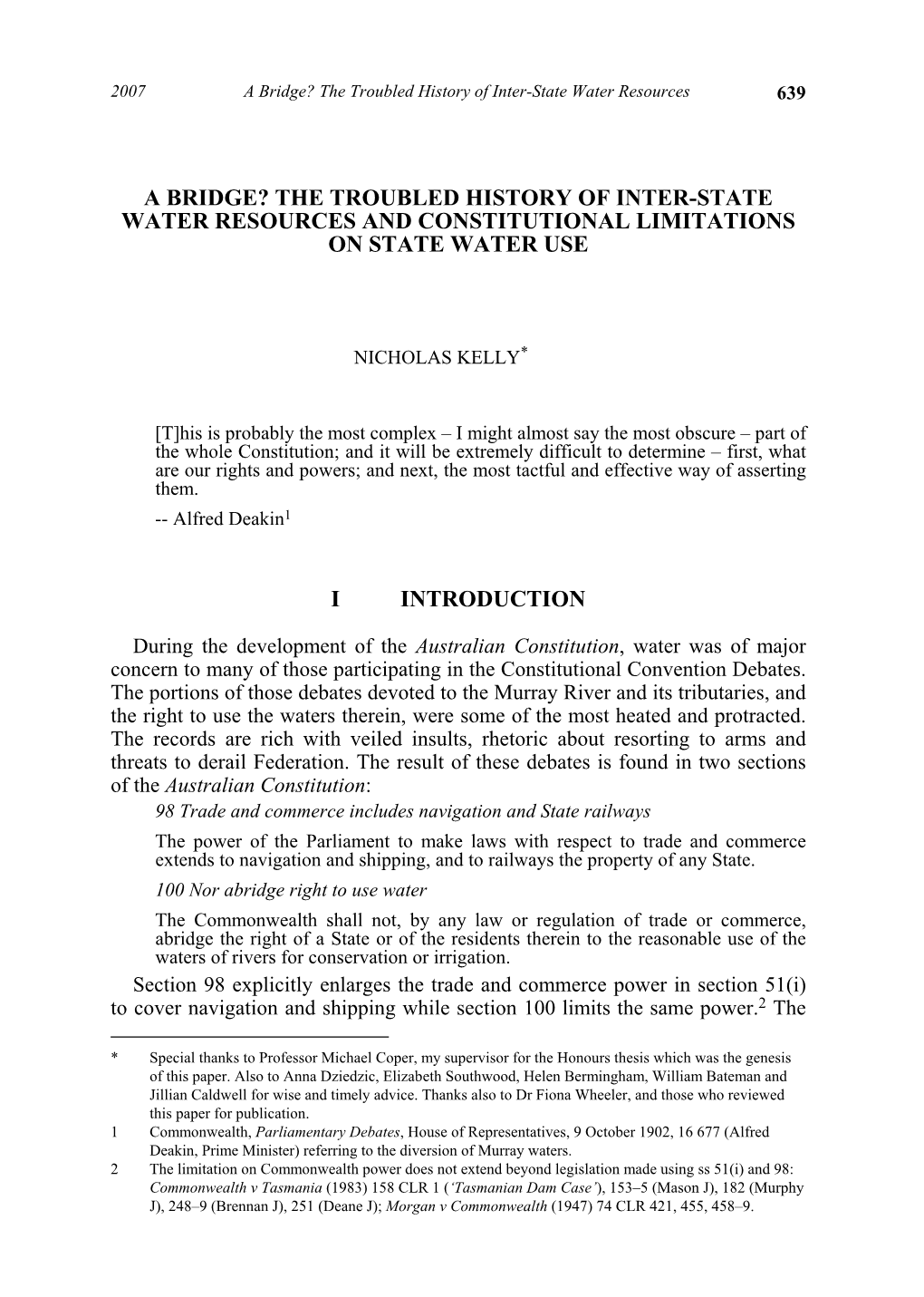 The Troubled History of Inter-State Water Resources and Constitutional Limitations on State Water Use I Introduction