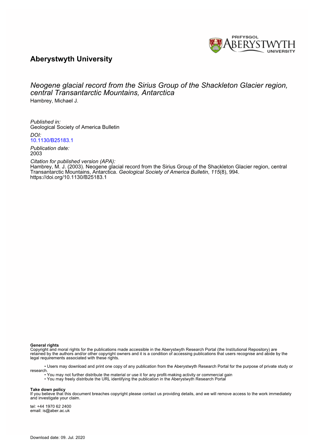 Aberystwyth University Neogene Glacial Record from the Sirius Group