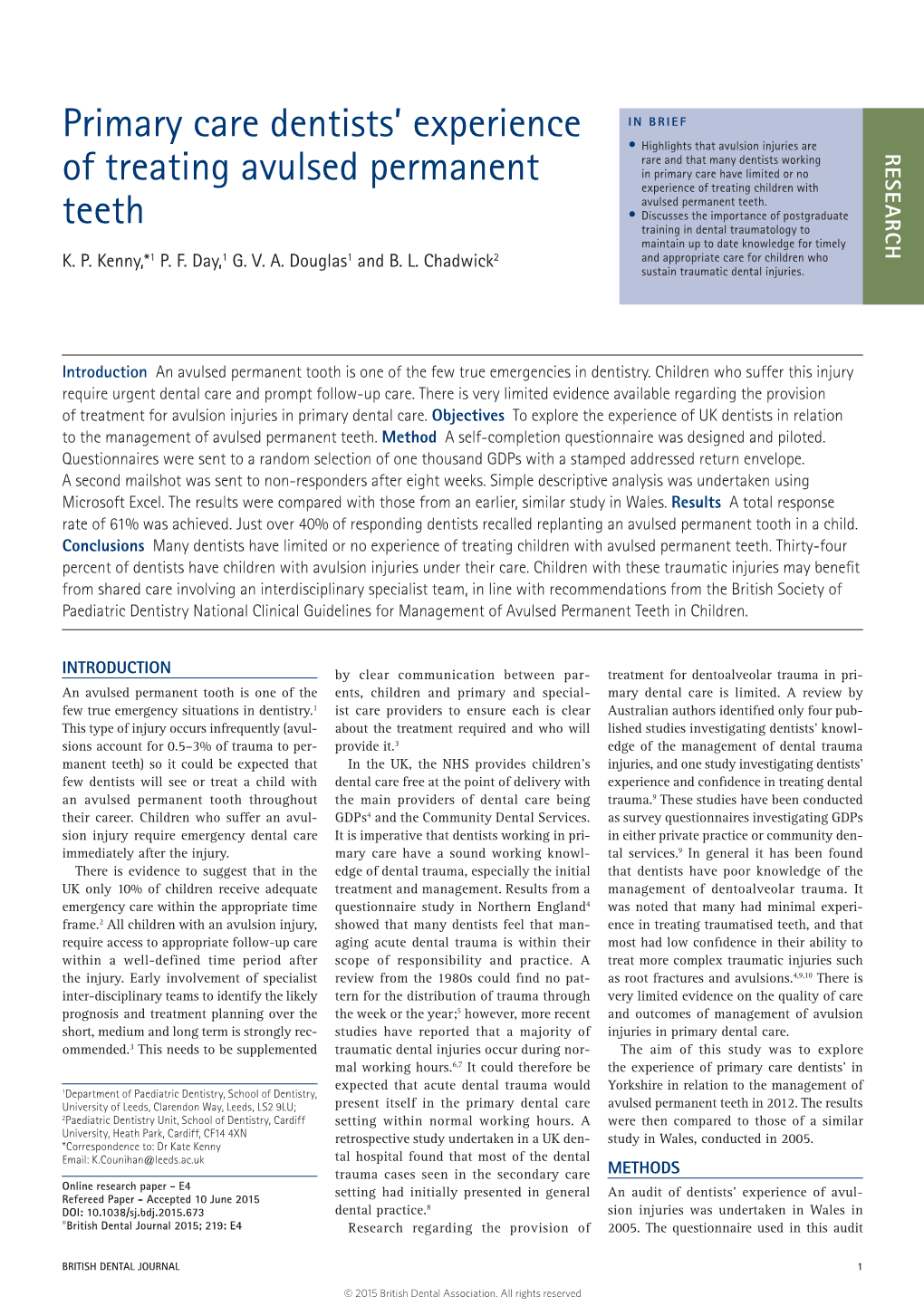 Primary Care Dentists' Experience of Treating Avulsed Permanent Teeth