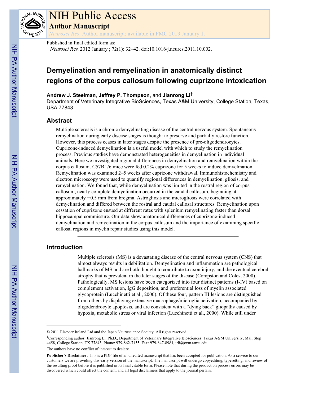 NIH Public Access Author Manuscript Neurosci Res