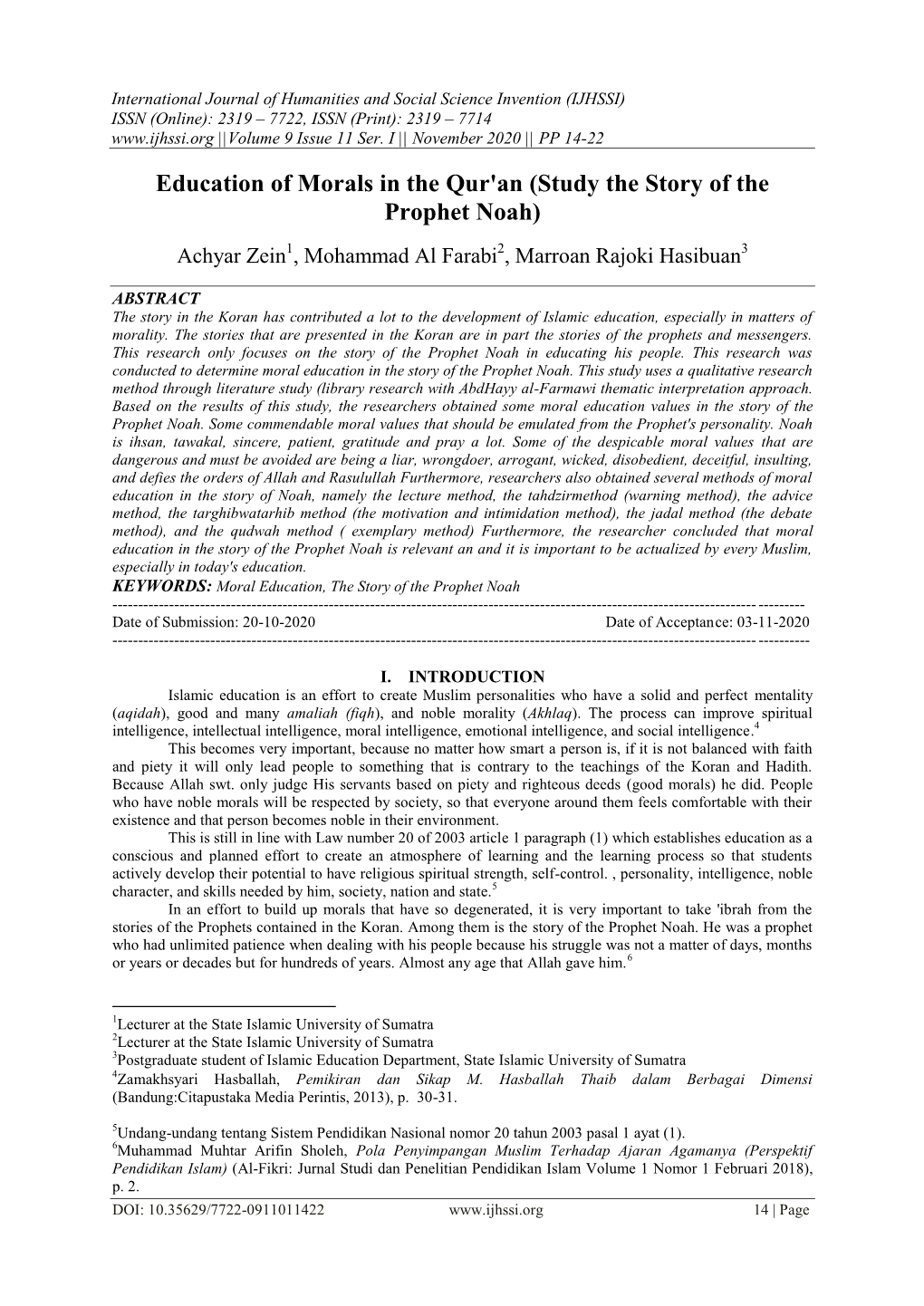 Education of Morals in the Qur'an (Study the Story of the Prophet Noah)