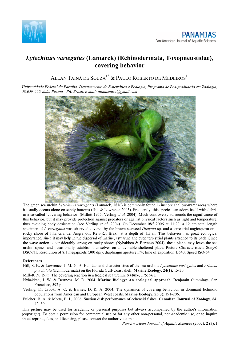 Lytechinus Variegatus (Lamarck) (Echinodermata, Toxopneustidae), Covering Behavior