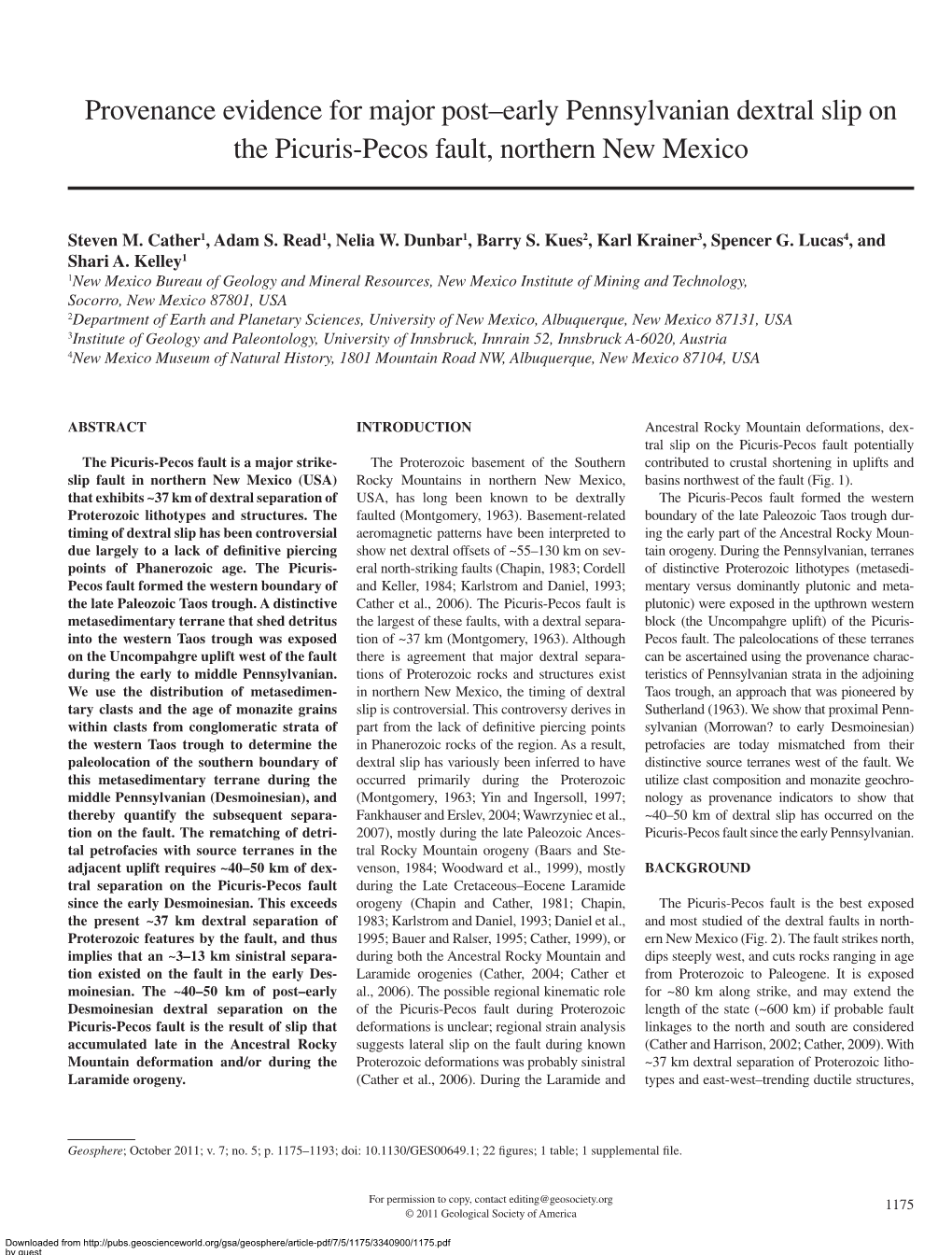 Provenance Evidence for Major Post–Early Pennsylvanian Dextral Slip on the Picuris-Pecos Fault, Northern New Mexico