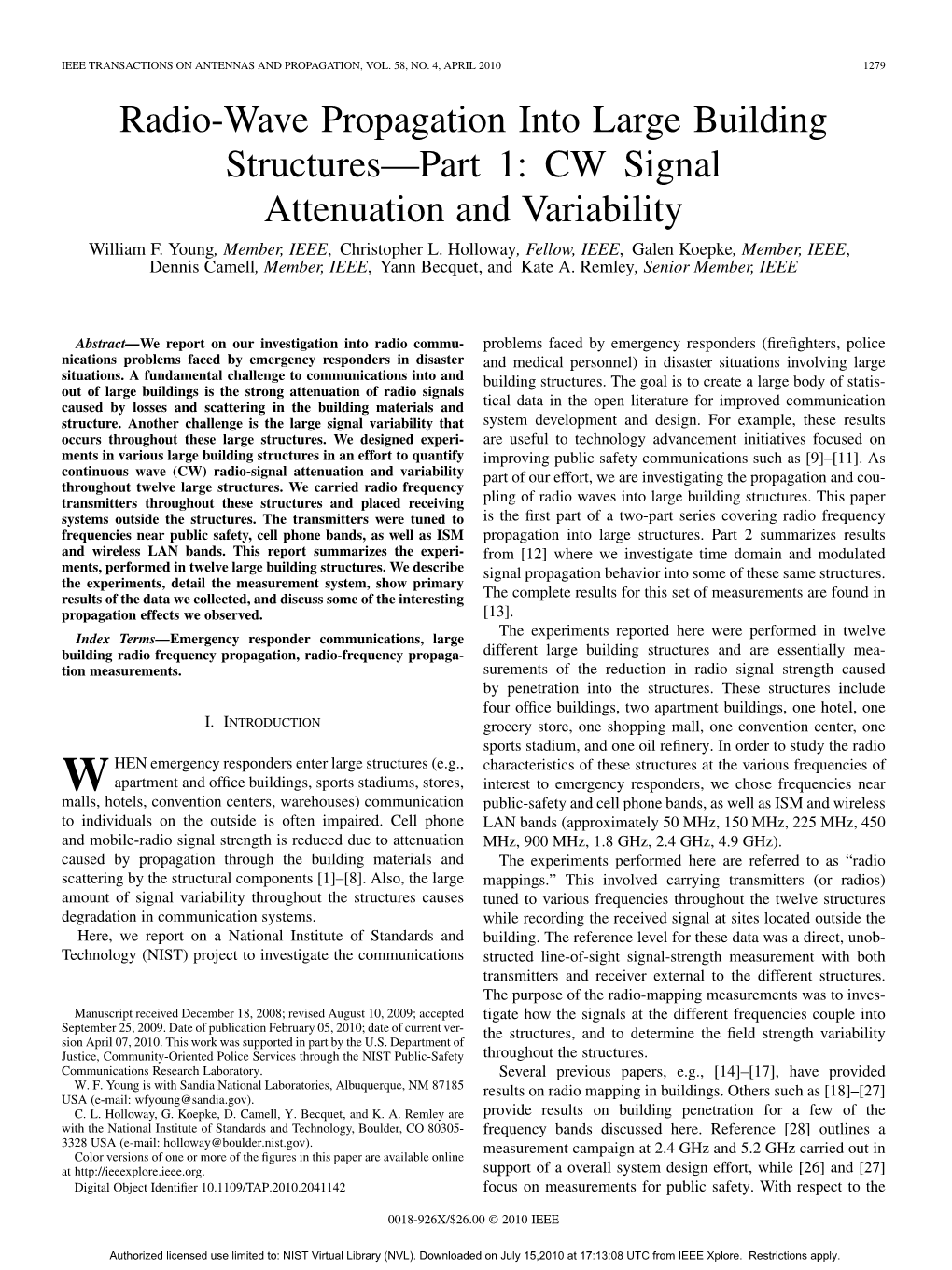 Radio-Wave Propagation Into Large Building Structures—Part 1: CW Signal Attenuation and Variability William F