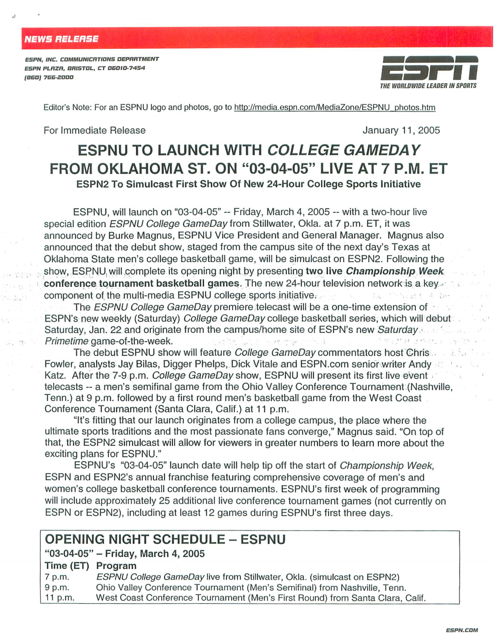 Espnu to Launch with College Gameday from Oklahoma St