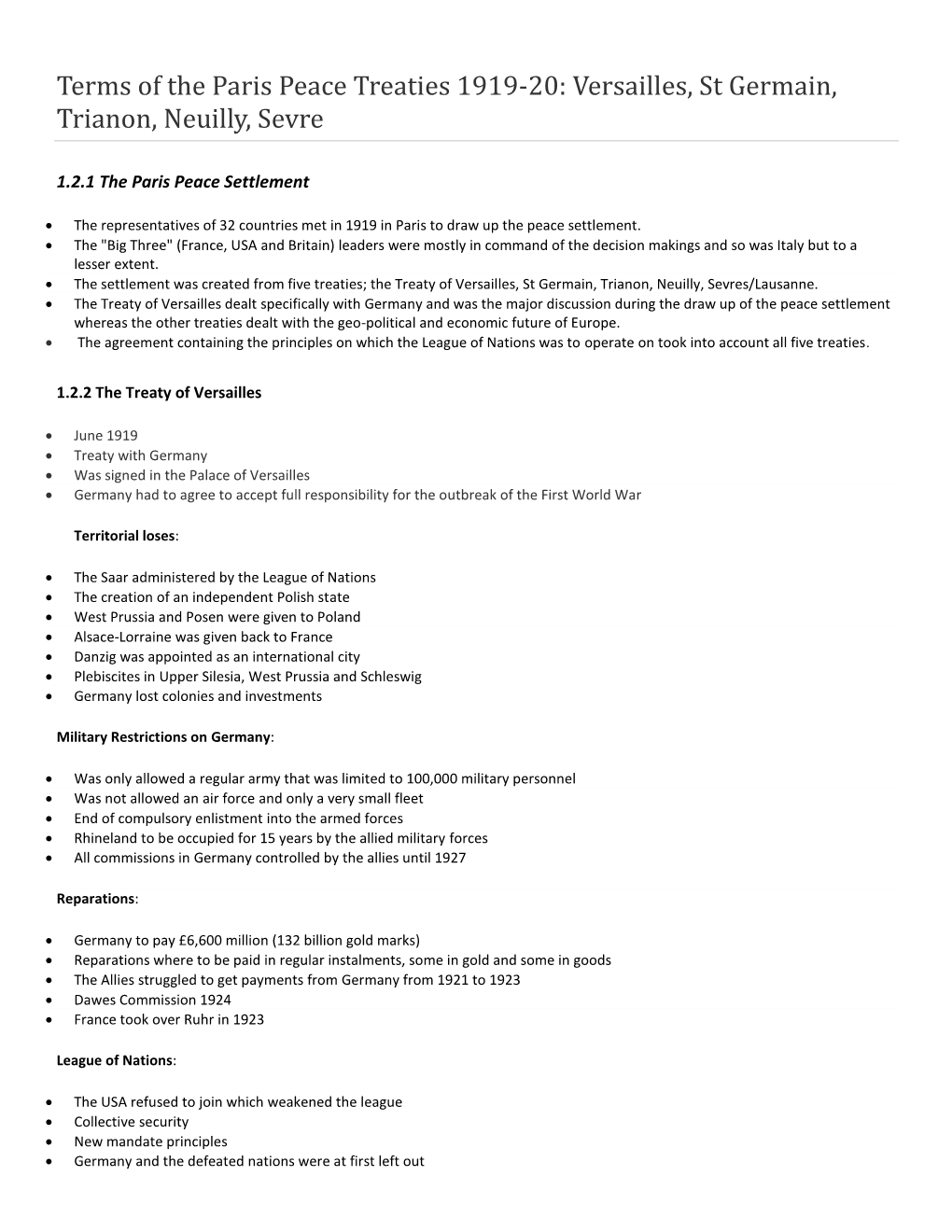 Terms of the Paris Peace Treaties 1919-20: Versailles, St Germain, Trianon, Neuilly, Sevre