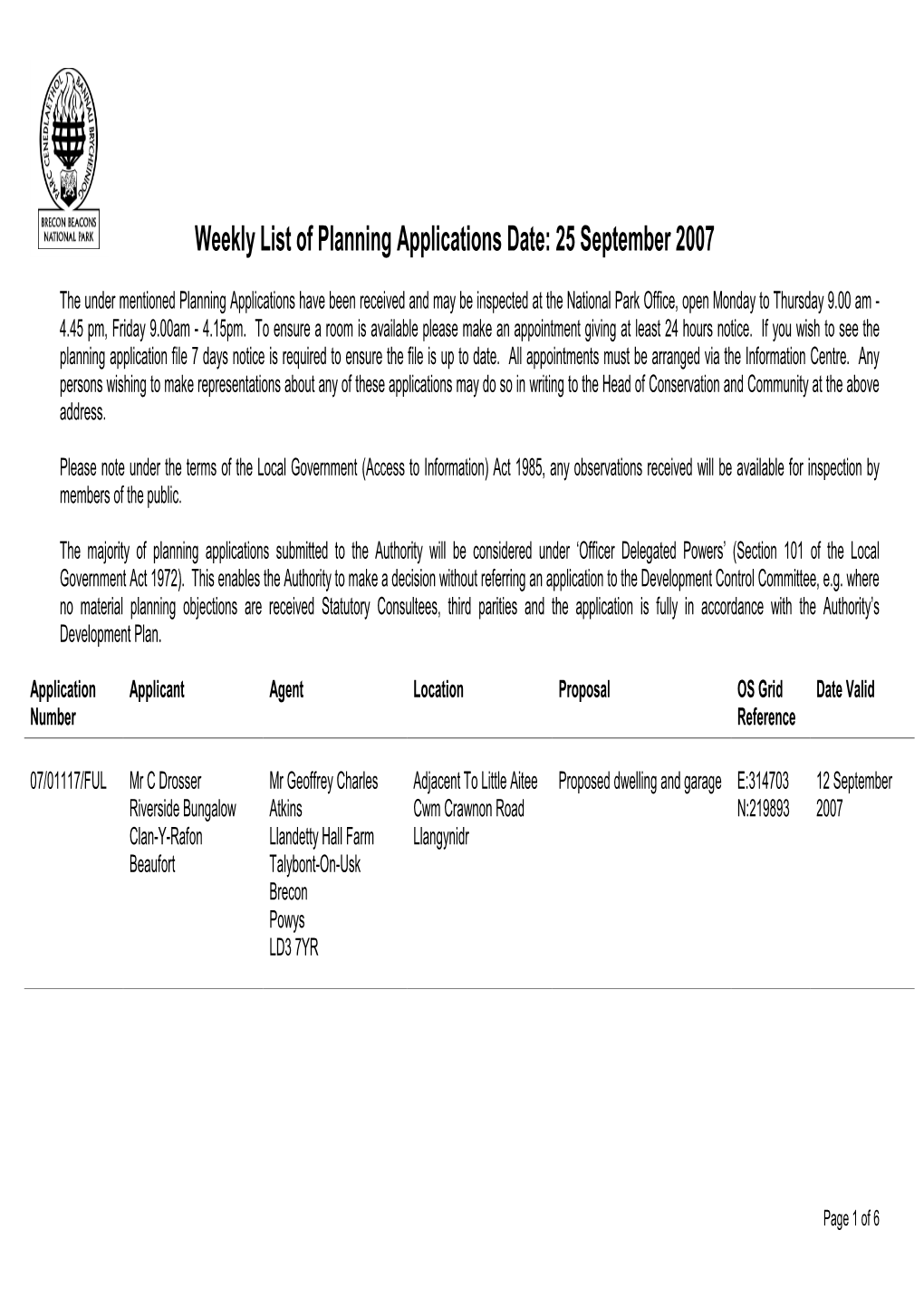 Weekly List of Planning Applications Date: 25 September 2007