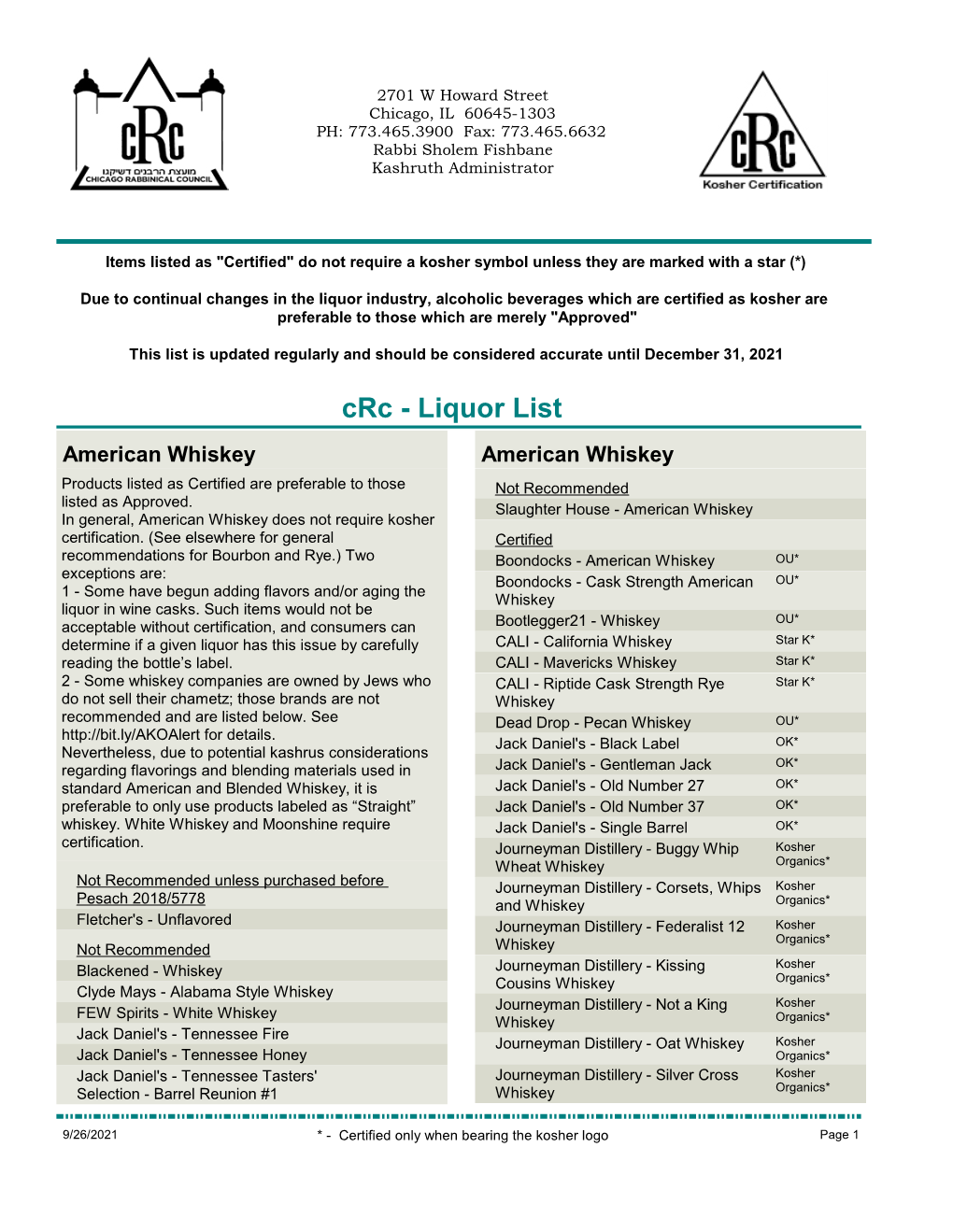 Crc - Liquor List American Whiskey American Whiskey Products Listed As Certified Are Preferable to Those Not Recommended Listed As Approved