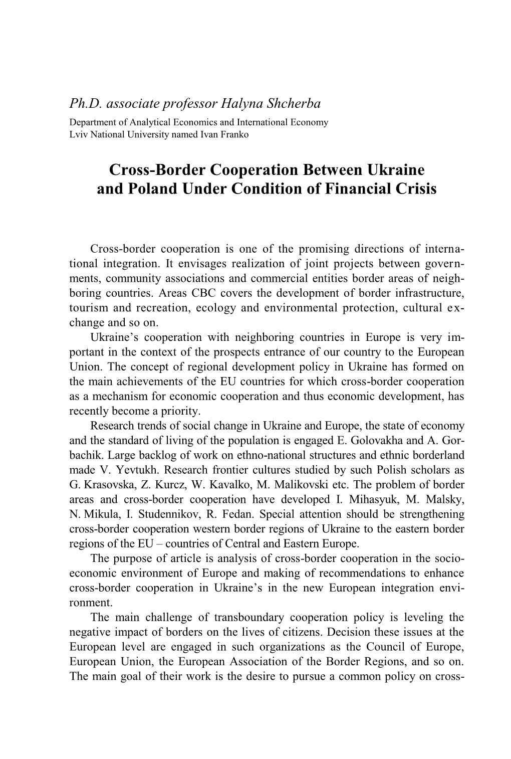 Cross-Border Cooperation Between Ukraine and Poland Under Condition of Financial Crisis