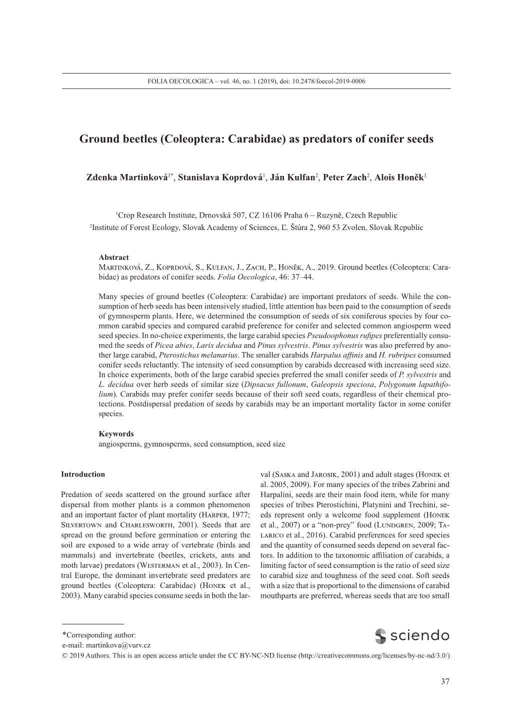 (Coleoptera: Carabidae) As Predators of Conifer Seeds