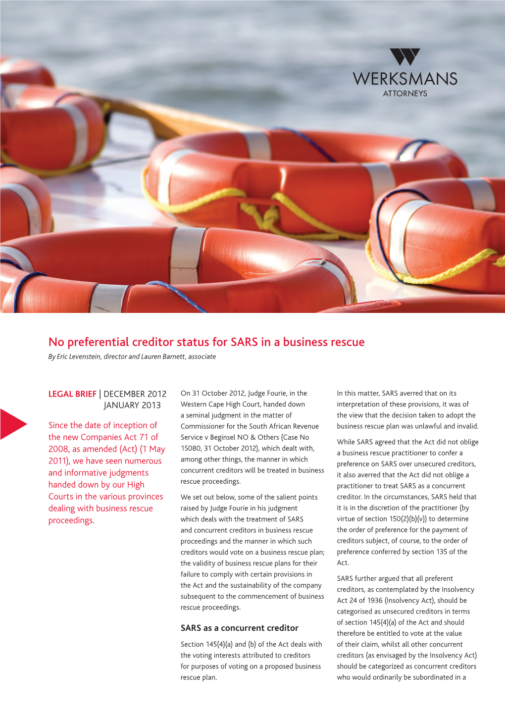 No Preferential Creditor Status for SARS in a Business Rescue by Eric Levenstein, Director and Lauren Barnett, Associate