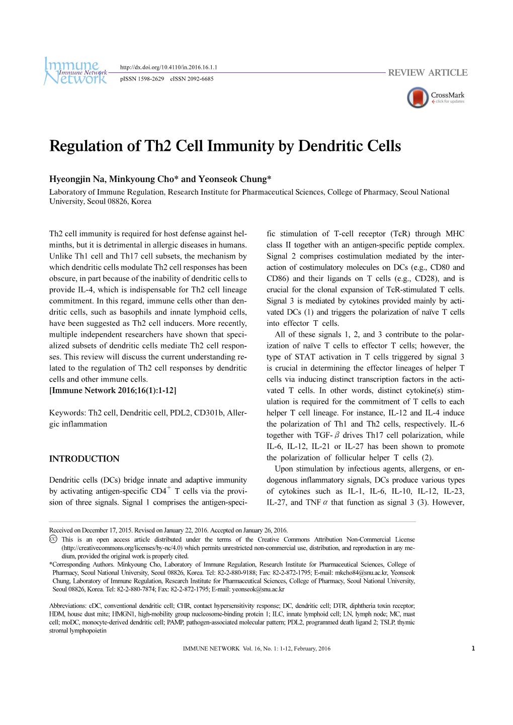 Regulation of Th2 Cell Immunity by Dendritic Cells
