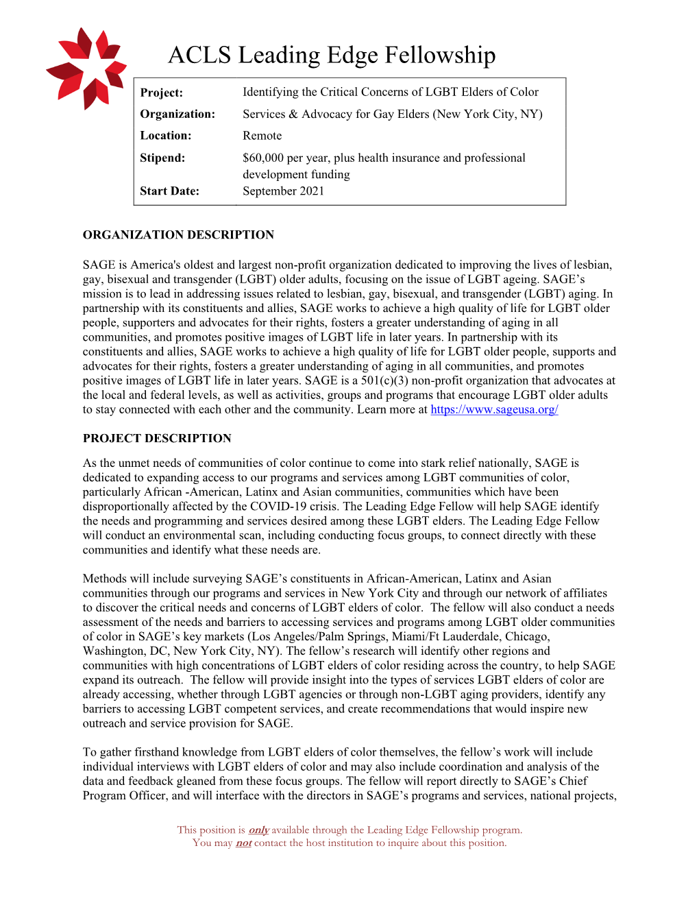 Identifying the Critical Concerns of LGBT Elders of Color Organization: Services & Advocacy for Gay Elders (New York City, NY)