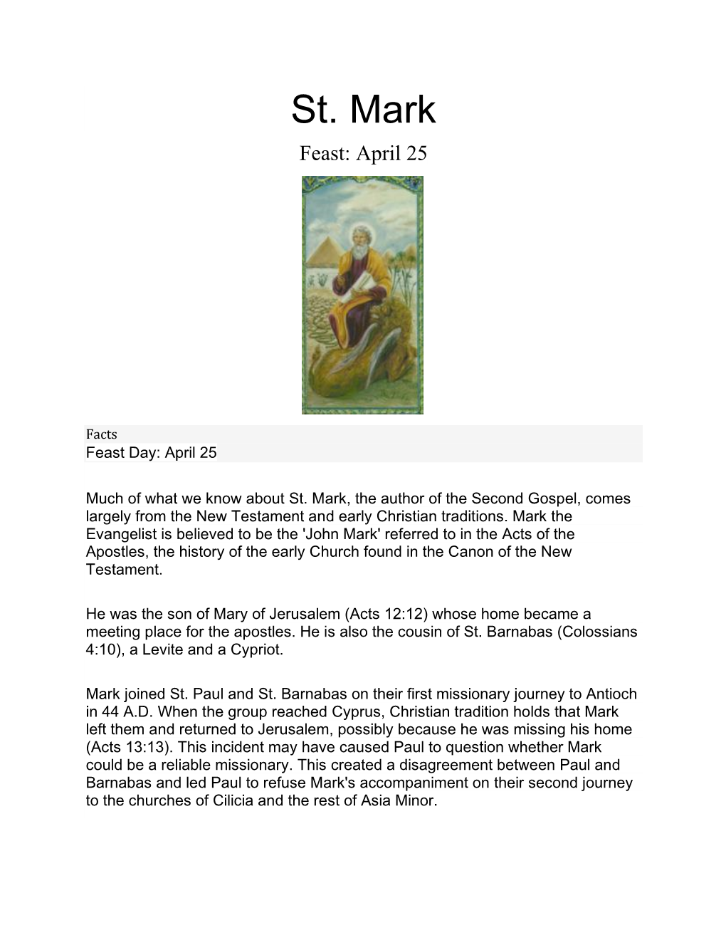 St. Mark Feast: April 25