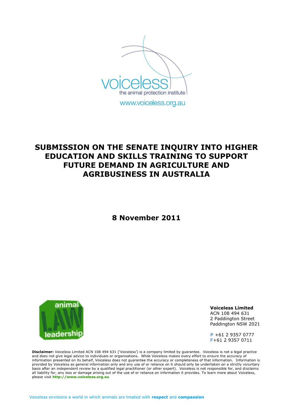 Submission on the Senate Inquiry Into Higher Education and Skills Training to Support Future Demand in Agriculture and Agribusiness in Australia