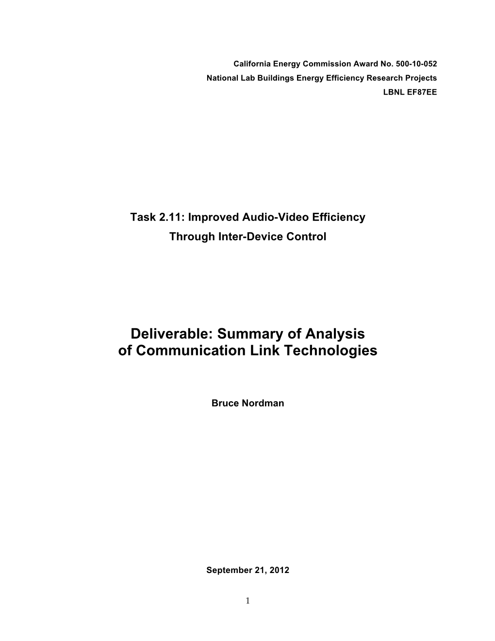 Deliverable: Summary of Analysis of Communication Link Technologies