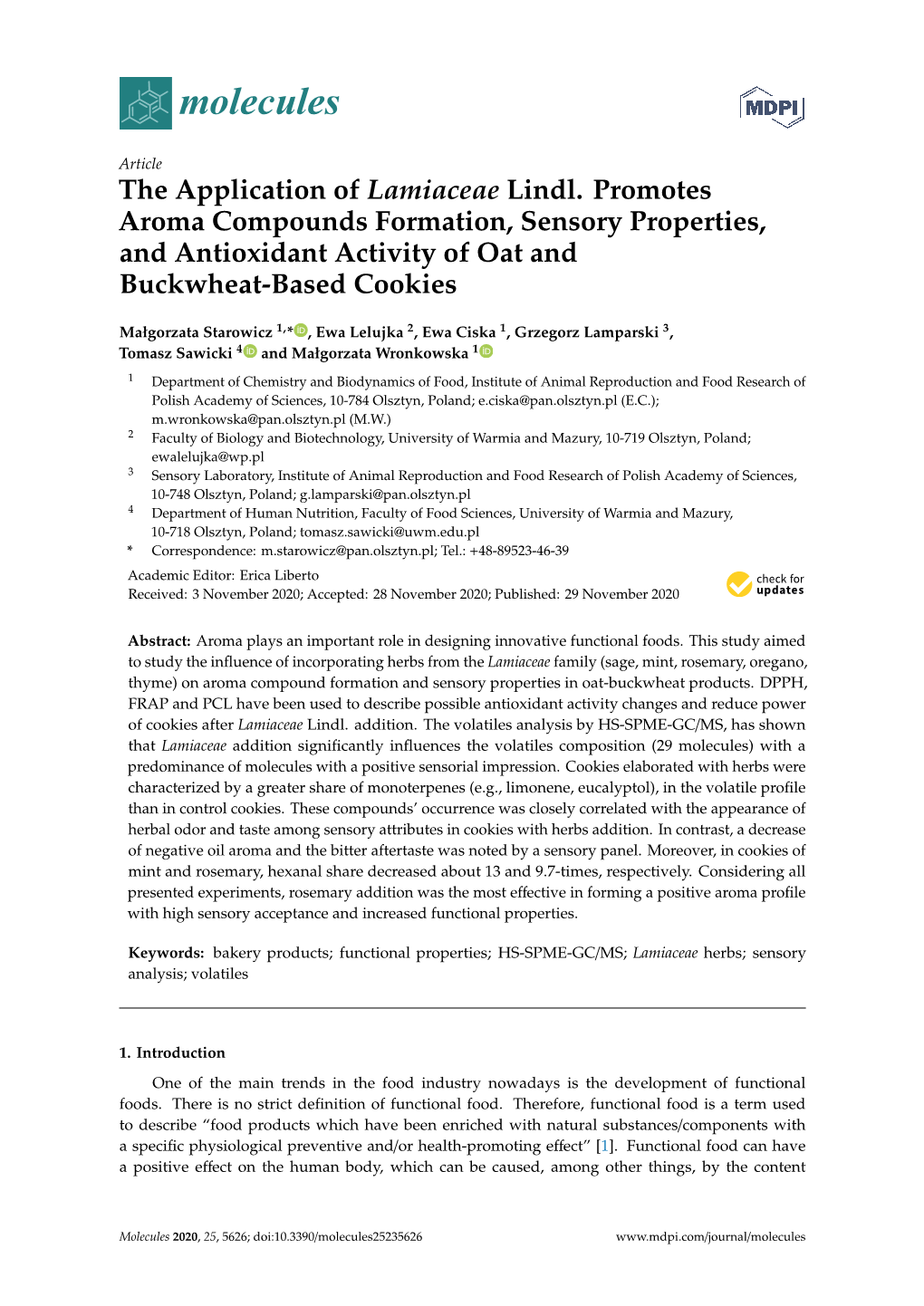 The Application of Lamiaceae Lindl. Promotes Aroma Compounds Formation, Sensory Properties, and Antioxidant Activity of Oat and Buckwheat-Based Cookies