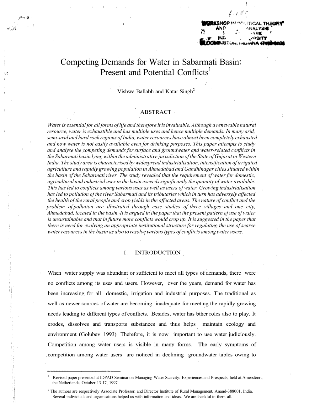 Competing Demands for Water in Sabarmati Basin Present and Potential Conflicts1