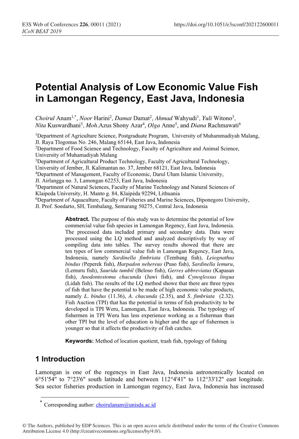 Potential Analysis of Low Economic Value Fish in Lamongan Regency, East Java, Indonesia