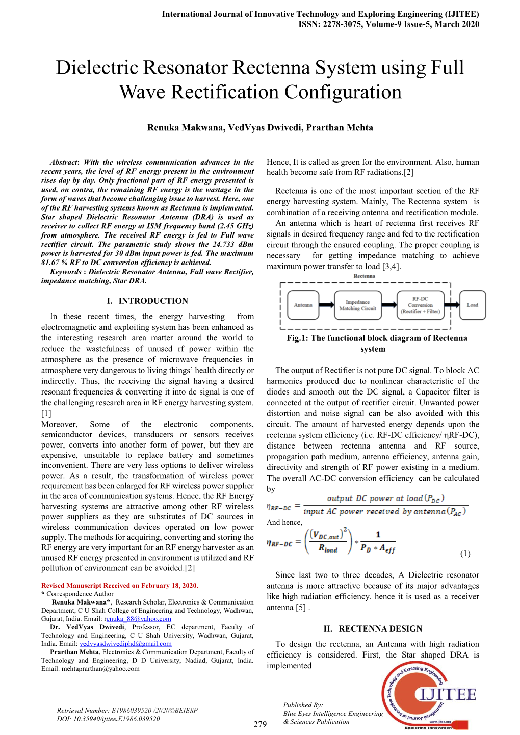 Dielectric Resonator Rectenna System Using Full Wave Rectification Configuration